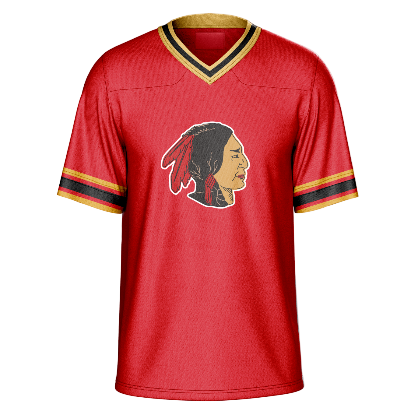 Boston Redskins Football Jersey - Cardinal Red. Native American, shoulders up, facing right. Red feathers in back of head. Gold, black, and gold trim around neck. Gold, red black, red, gold trim at sleeve ends. Royal Retros