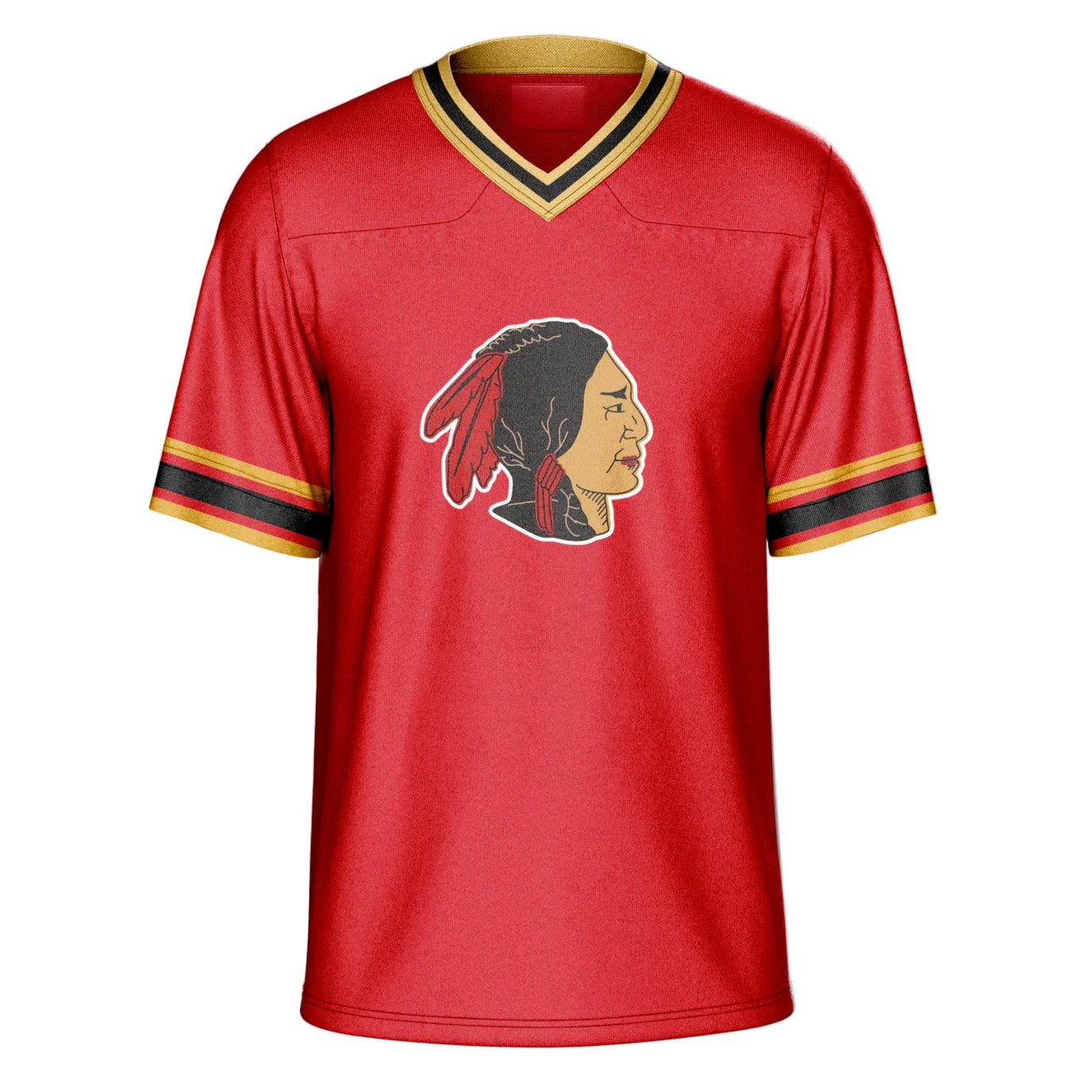 Boston Redskins Football Jersey - Cardinal Red. Native American, shoulders up, facing right. Red feathers in back of head. Gold, black, and gold trim around neck. Gold, red black, red, gold trim at sleeve ends. Royal Retros
