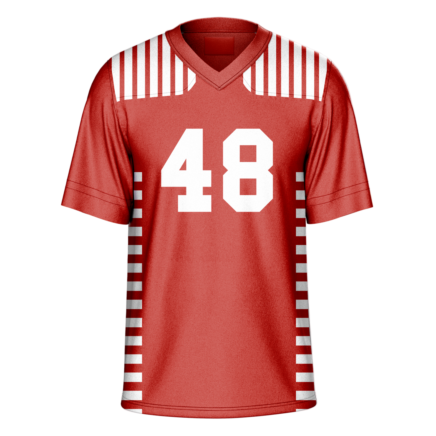 1951 calgary stampeders red jersey. 7 vertical white stripes on shoulders. 13 short white stripes down side from arms. #48 large white center. Royal Retros