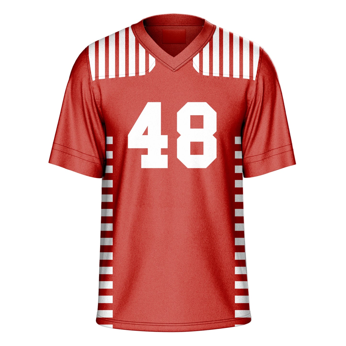 1951 calgary stampeders red jersey. 7 vertical white stripes on shoulders. 13 short white stripes down side from arms. #48 large white center. Royal Retros
