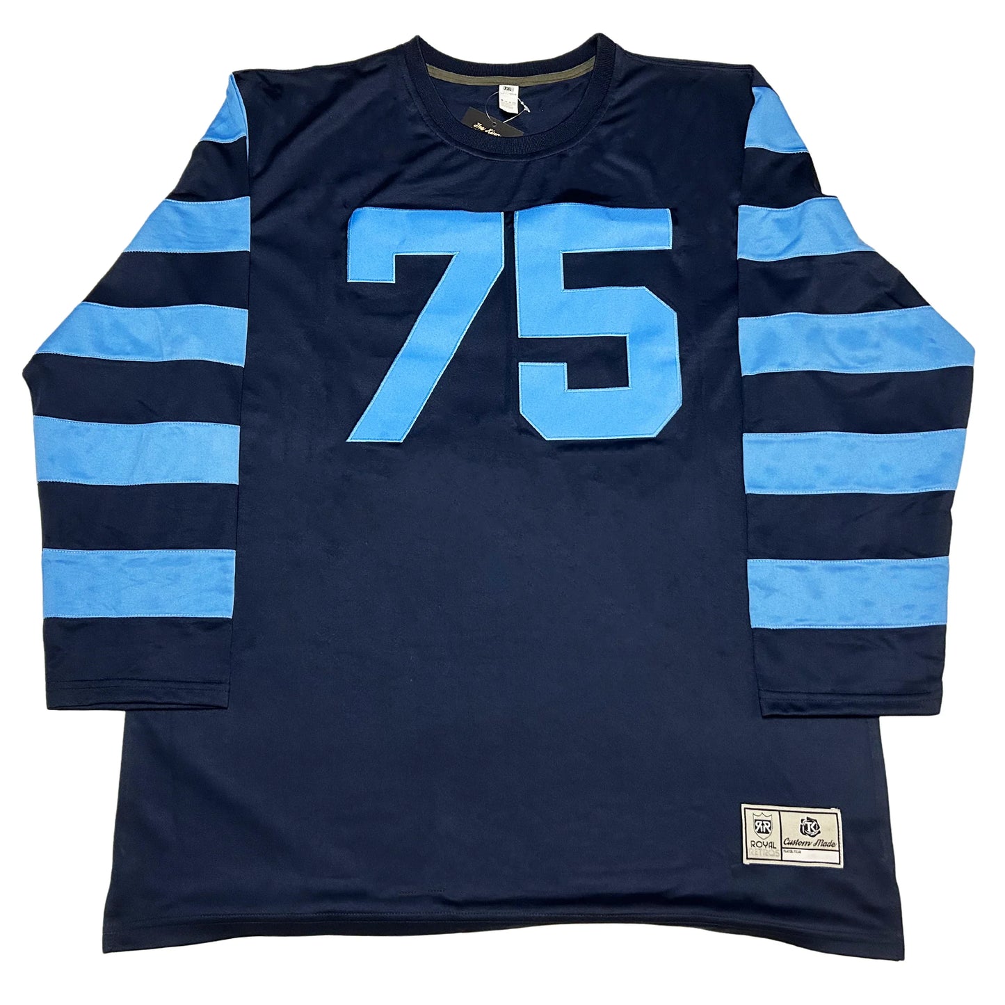 1952 Toronto Argonauts jersey dark blue with light blue stripes on sleeves and light blue #75 on chest Royal Retros