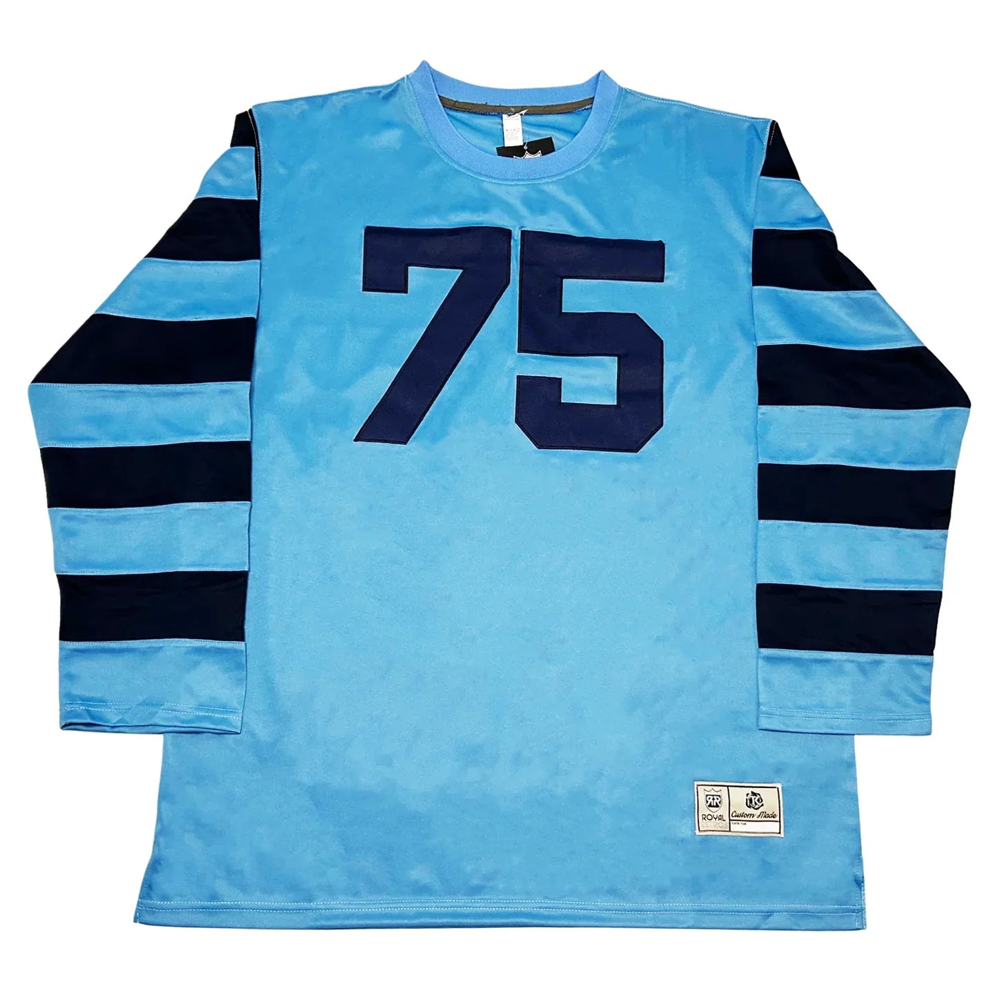 1952 Toronto Argonauts jersey light blue with dark blue stripes on sleeves and dark blue #75 on chest Royal Retros