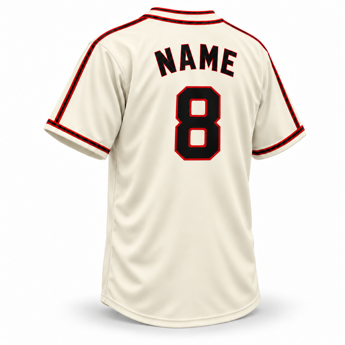 1959 Birmingham Black Barons cream jersey back mockup, NAME and block 8 in black with red outlines