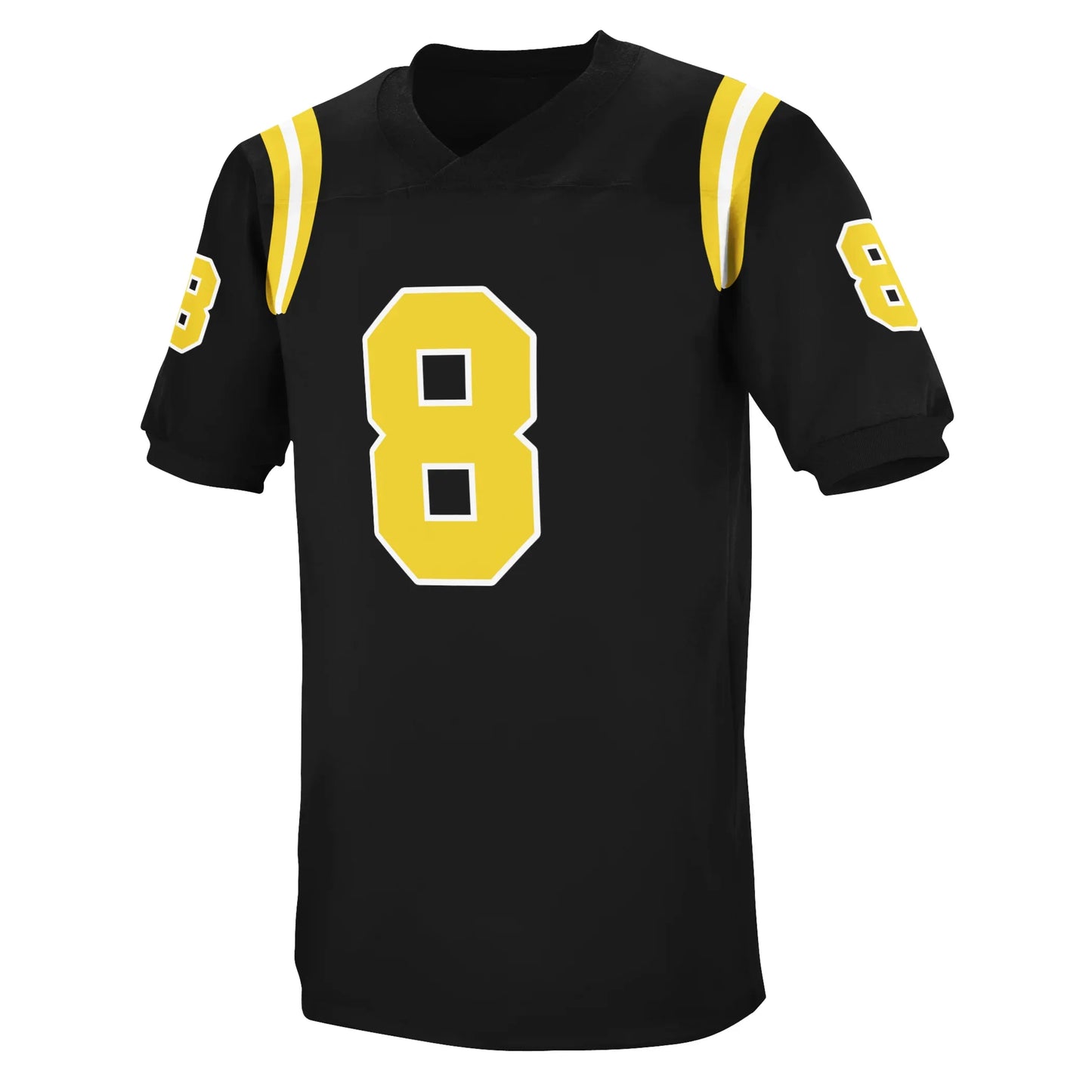 1960 Hamilton Tiger-Cats football jersey. Black. Gold, white, and gold bands around shoulders. #8 large in gold with white trim on chest, small on sleeves. Royal Retros.