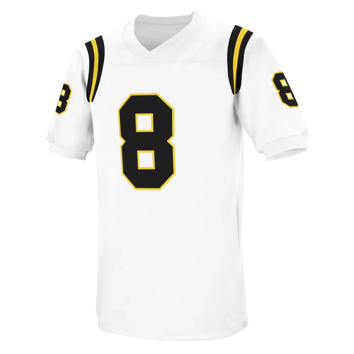 1960 Hamilton Tiger-Cats football jersey white. Black, gold, black bands around shoulders. #8 black with gold trim large on chest small on sleeves. Royal Retros