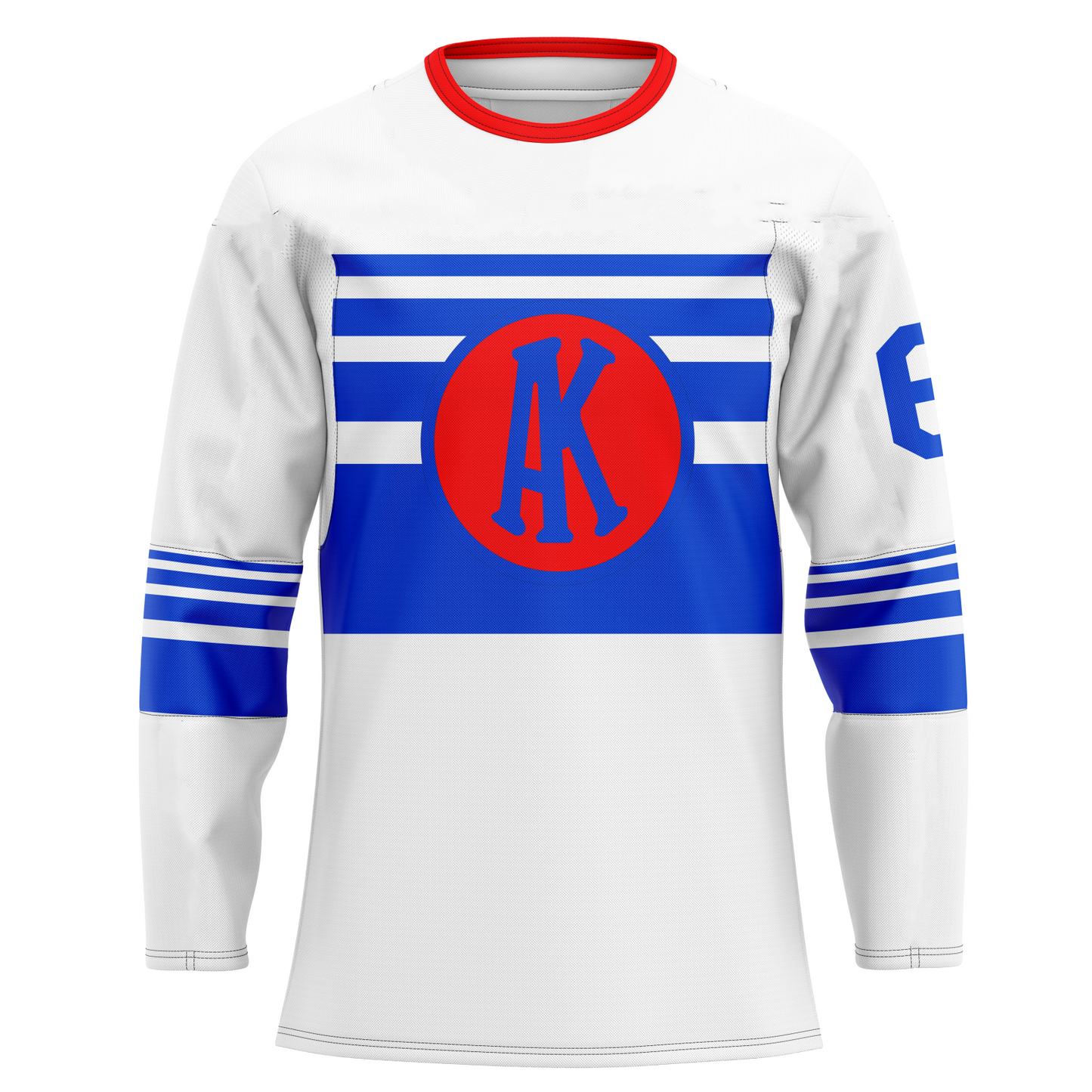 Omaha Knights hockey jersey white. Red collar. Four blue bands mid sleeve increasing in size. Four blue bands on chest increasing in size. Blue circle over bands, with red background and interlocking AK in blue inside. Royal Retros