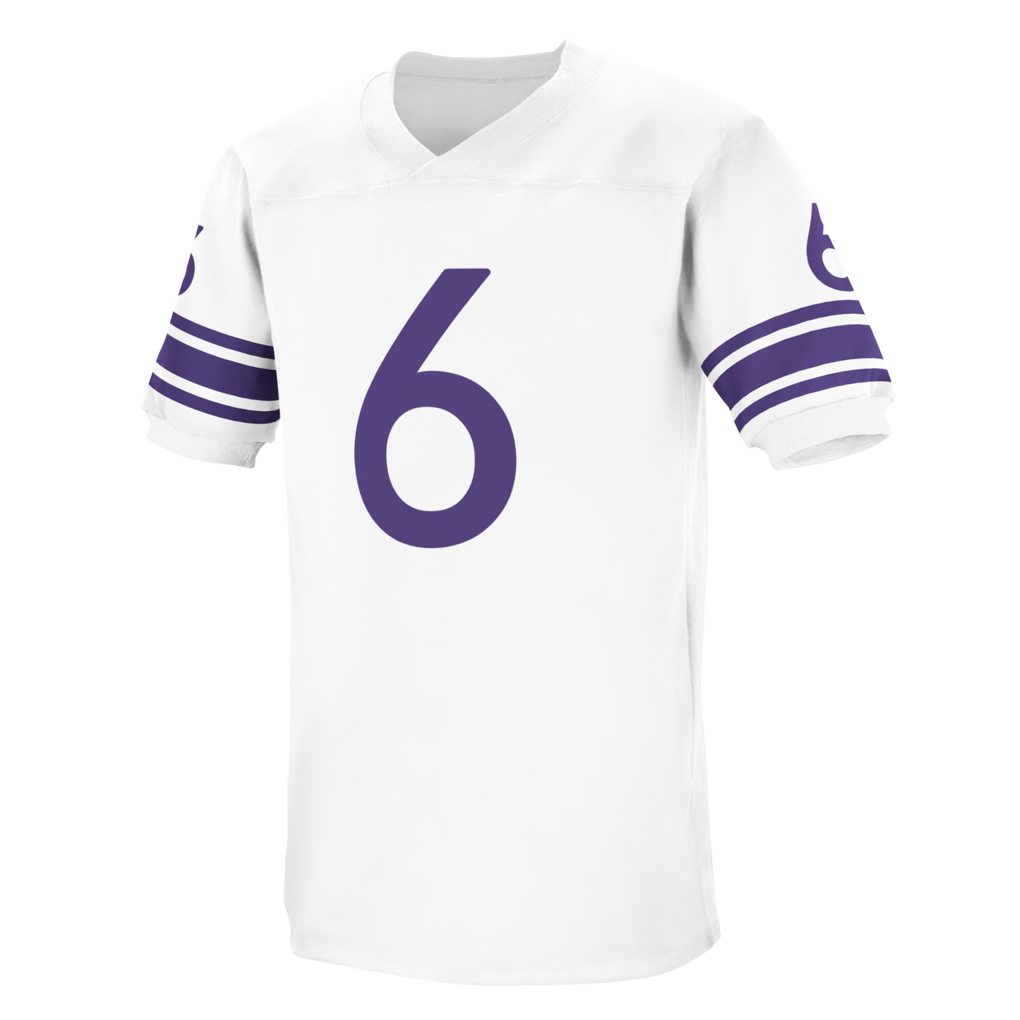 1970 Washington Huskies jersey, 3 blue bands on sleeves. #6 in blue large on chest, small on sleeves. Royal Retros