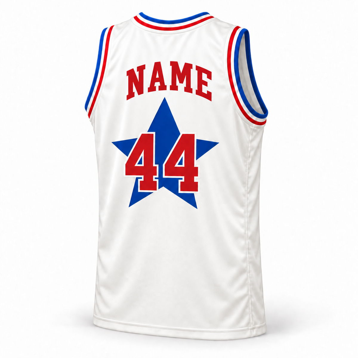 1972-74 Utah Stars ABA basketball jersey, white back with red NAME lettering, royal blue star and red number 44.