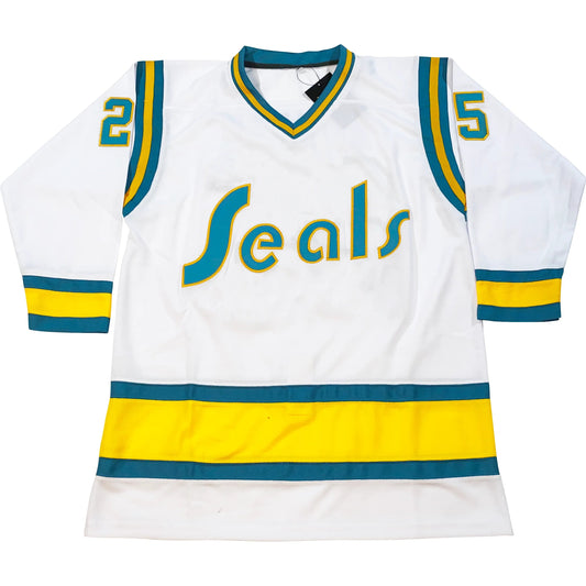 1974 California Golden Seals white jersey with teal Seals wordmark — Royal Retros