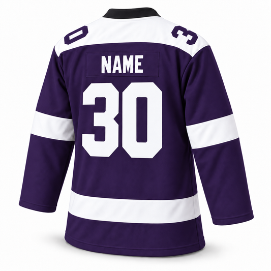 1976 Cleveland Crusaders purple custom hockey jersey back mockup with NAME and number 30