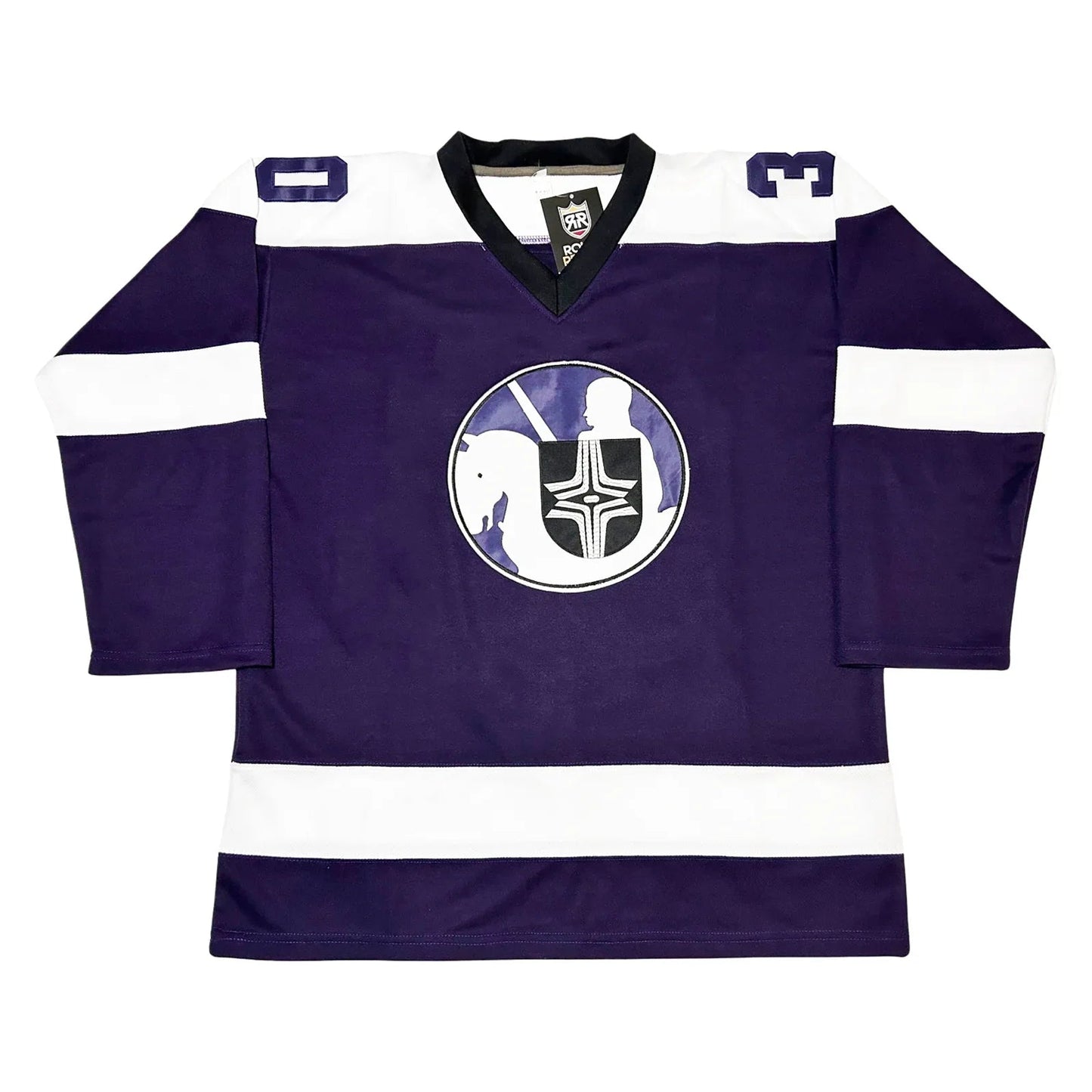 1976 Cleveland Crusaders purple jersey with white shoulders and knight crest — Royal Retros