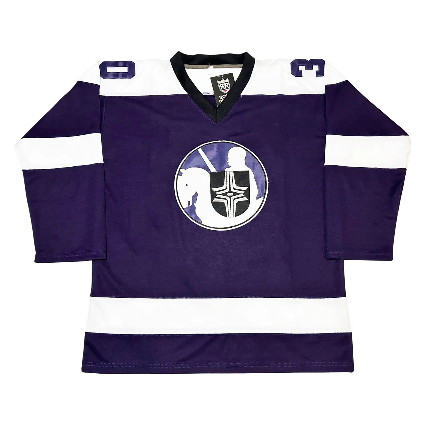 Cleveland Crusaders Jersey purple with white shoulders. White bands on sleeves and waist. Circular logo with silhouette of knight and horse in white holding black shield with white markings Cheevers #30 Royal Retros
