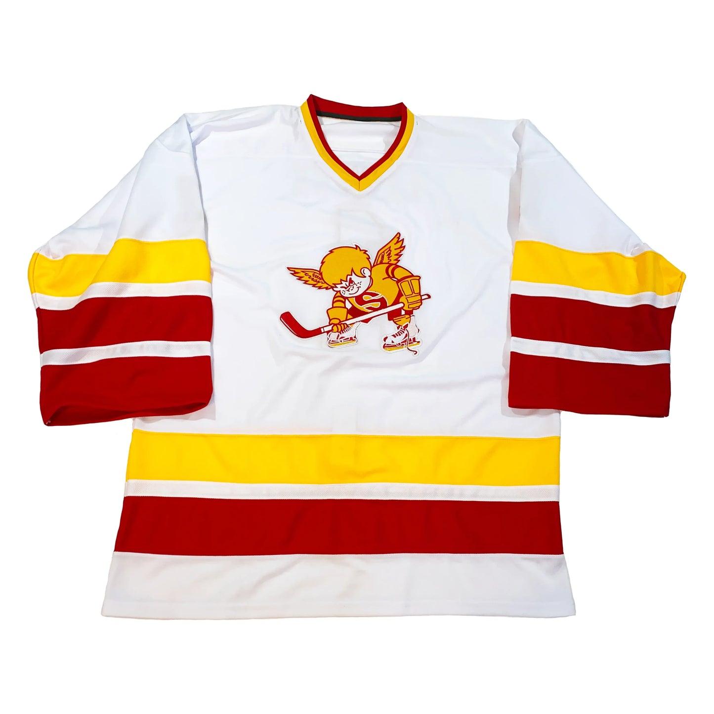 1976 Minnesota Fighting Saints Jersey White. Large gold, small white, large red, small white, large red bands on sleeves and waist. Saint skater logo on chest. Red and gold collar. Royal Retros