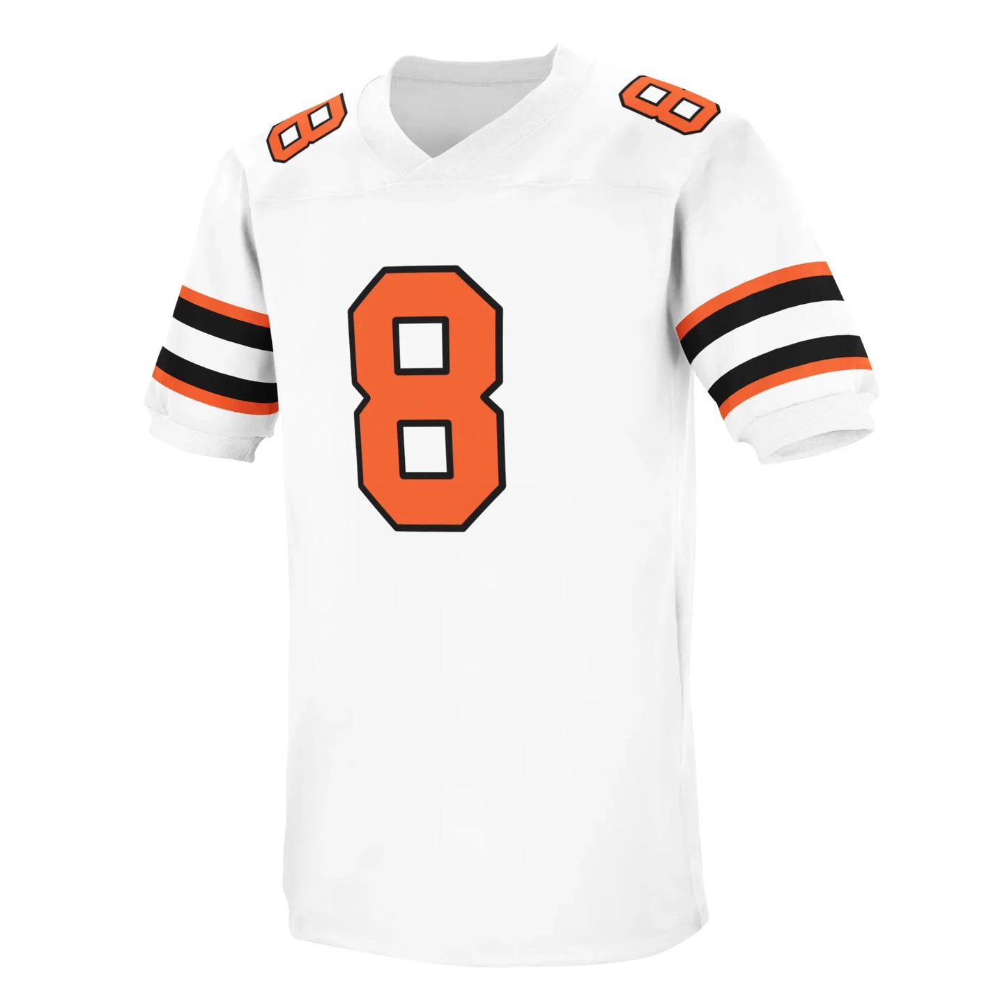 1979 B.C. Lions jersey white. Orange, black, white, black, orange bands above sleeves. Orange #8 with black trim large on chest, small on shoulders. Royal Retros