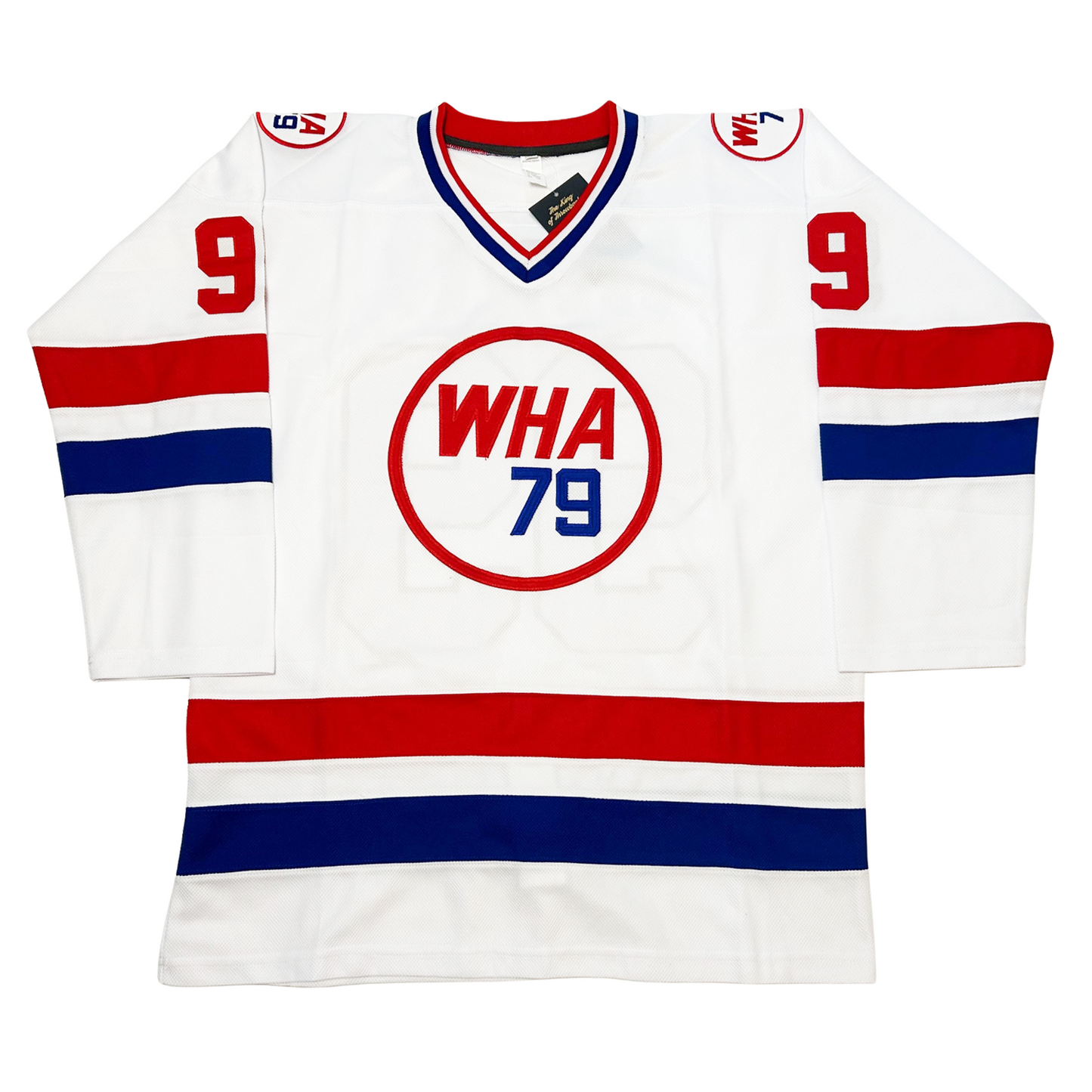 WHA 1979 All-Star jersey. White. Red white and blue collar. Red, white, and blue bands mid-sleeve, and above waist. Red circle on chest with WHA in red and 79 in blue slightly to the right. Royal Retros