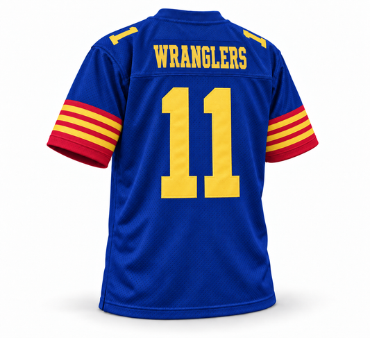 1983 Arizona Wranglers USFL jersey in royal blue, back view, Wranglers number 11