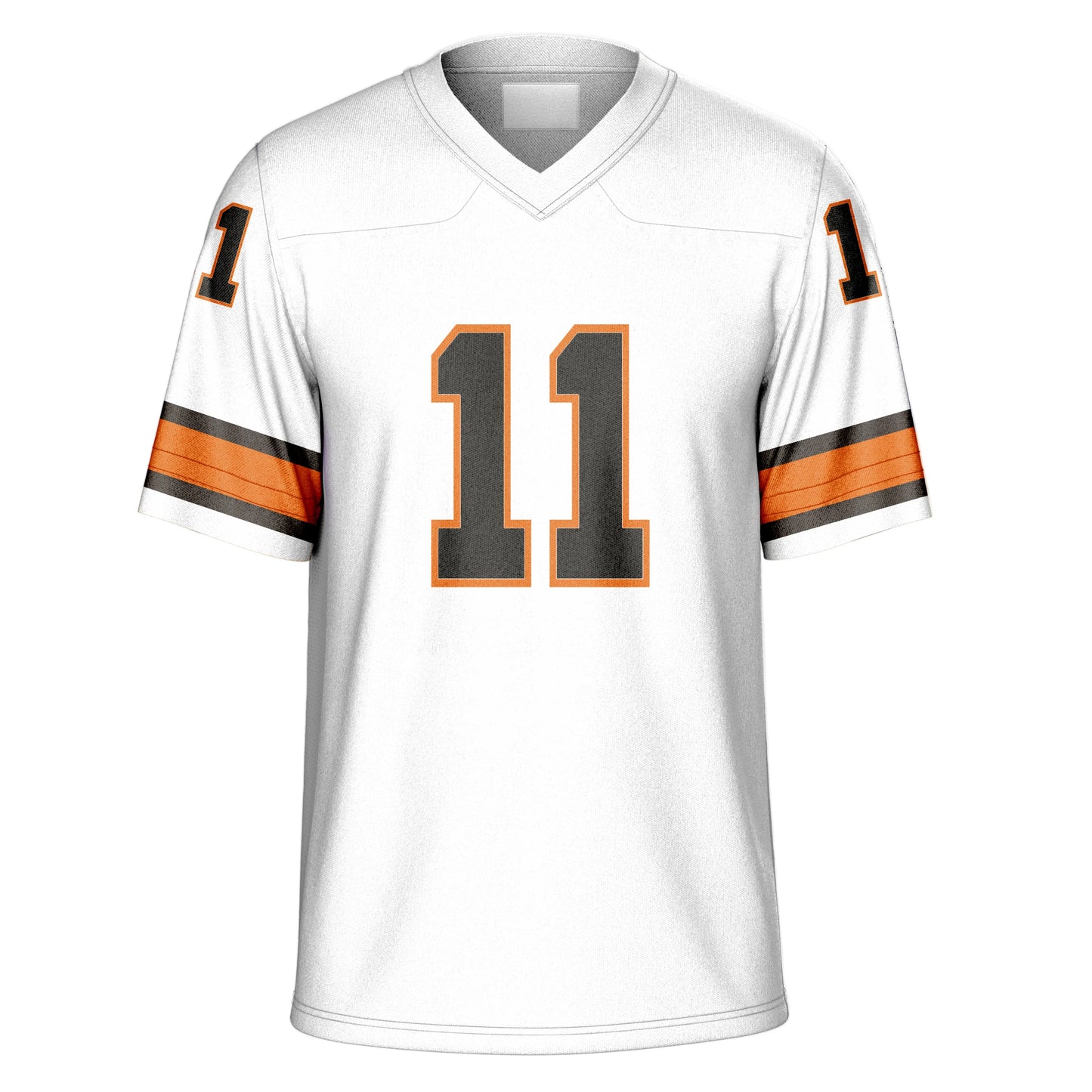 1984 Cleveland Browns short-sleeve football jersey. White. Brown numerals with orange trim large on chest, small on upper sleeves. Brown, orange, brown sleeve ends. Royal Retros