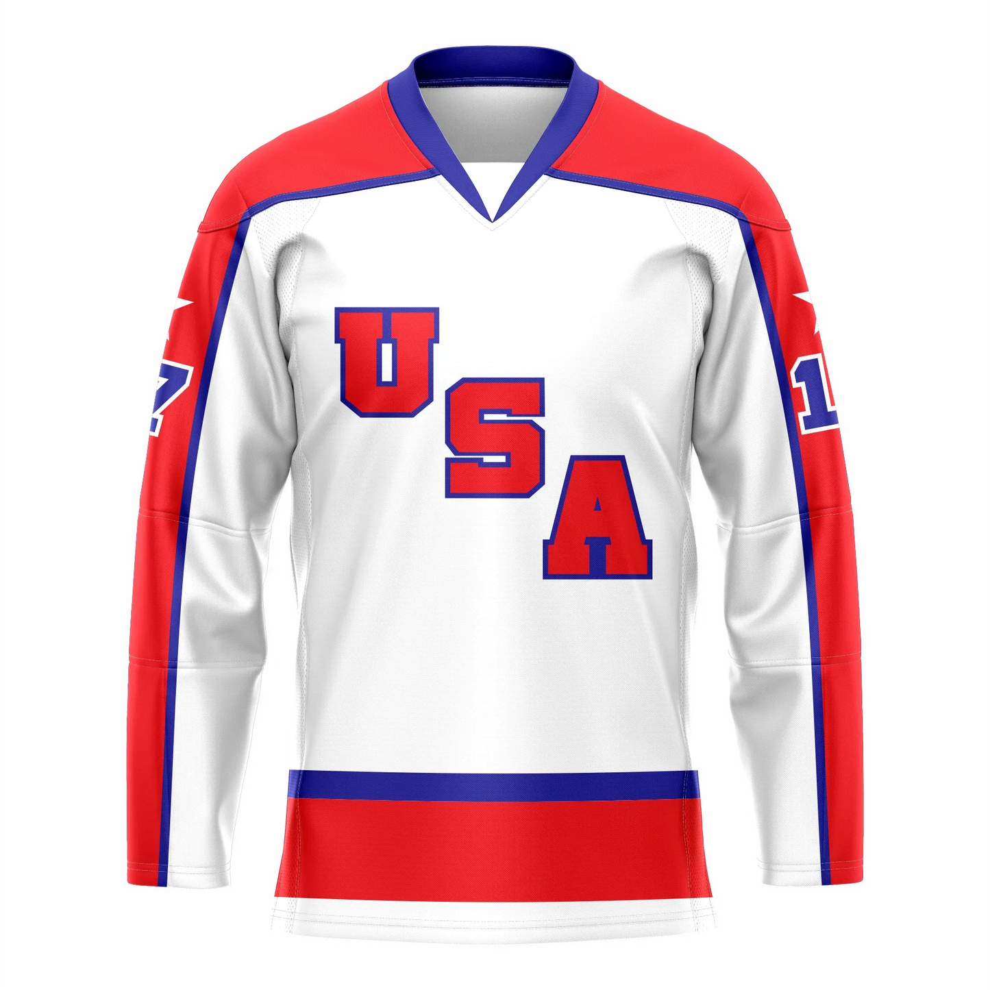 1984 USA Hockey Jersey. White. Red shoulders and sleeves (top) with blue trim and blue collar. USA diagonal down left to right red with blue trim. Small blue band above larger red band around waist. Royal Retros