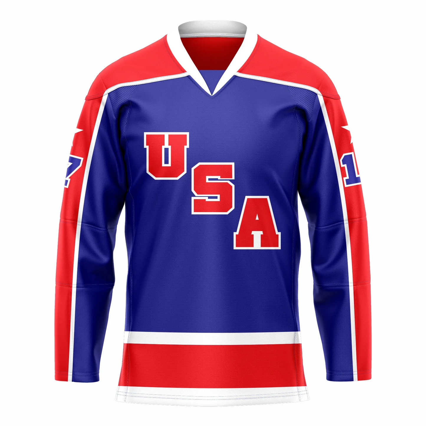 1984 USA Hockey Jersey. Blue. Red shoulders and sleeves (top) with white trim and white collar. USA diagonal down left to right red with white trim. Small white band above larger red band around waist. Royal Retros