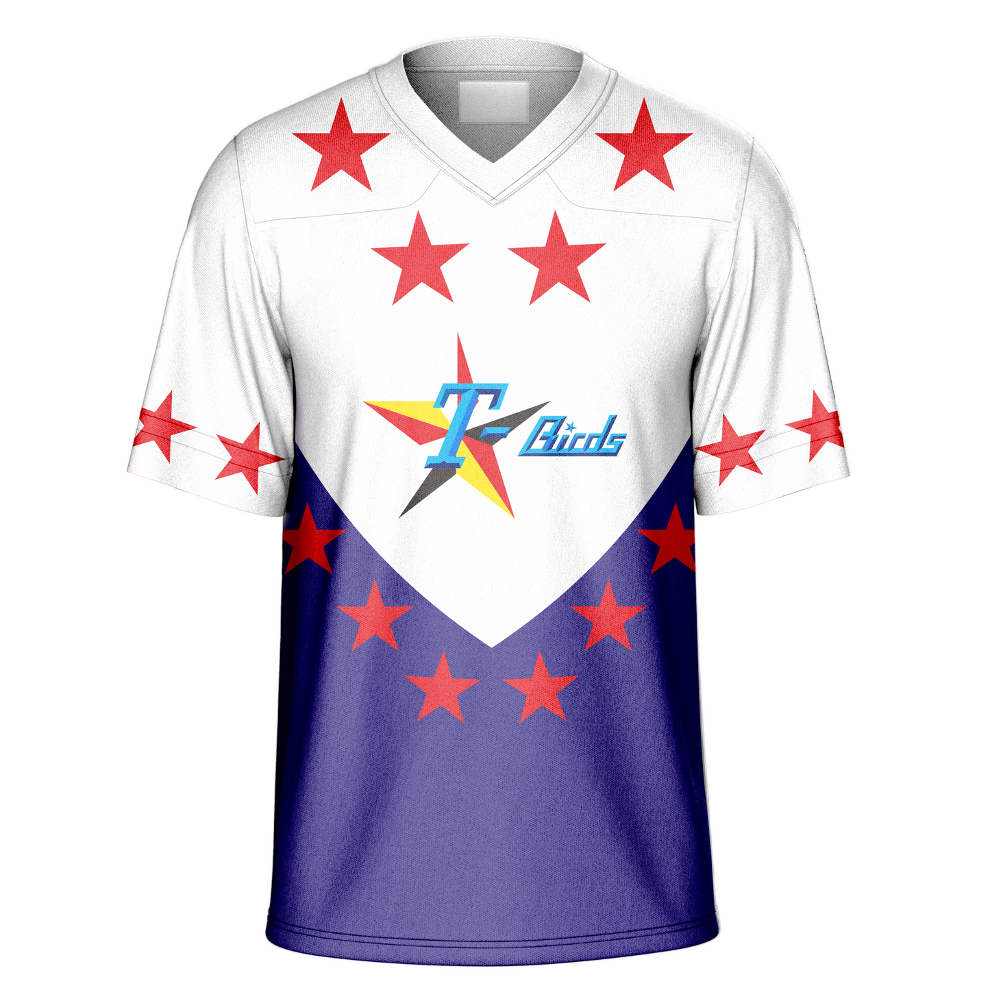 1990 los angeles thunderbirds roller derby jersey. White top, purple bottom, downward wedge separating colors. Four large red stars around collar. T-Birds in light blue in center with T over a red and gold star. Red stars around sleeve ends. Six Red stars around waist. Royal Retros.