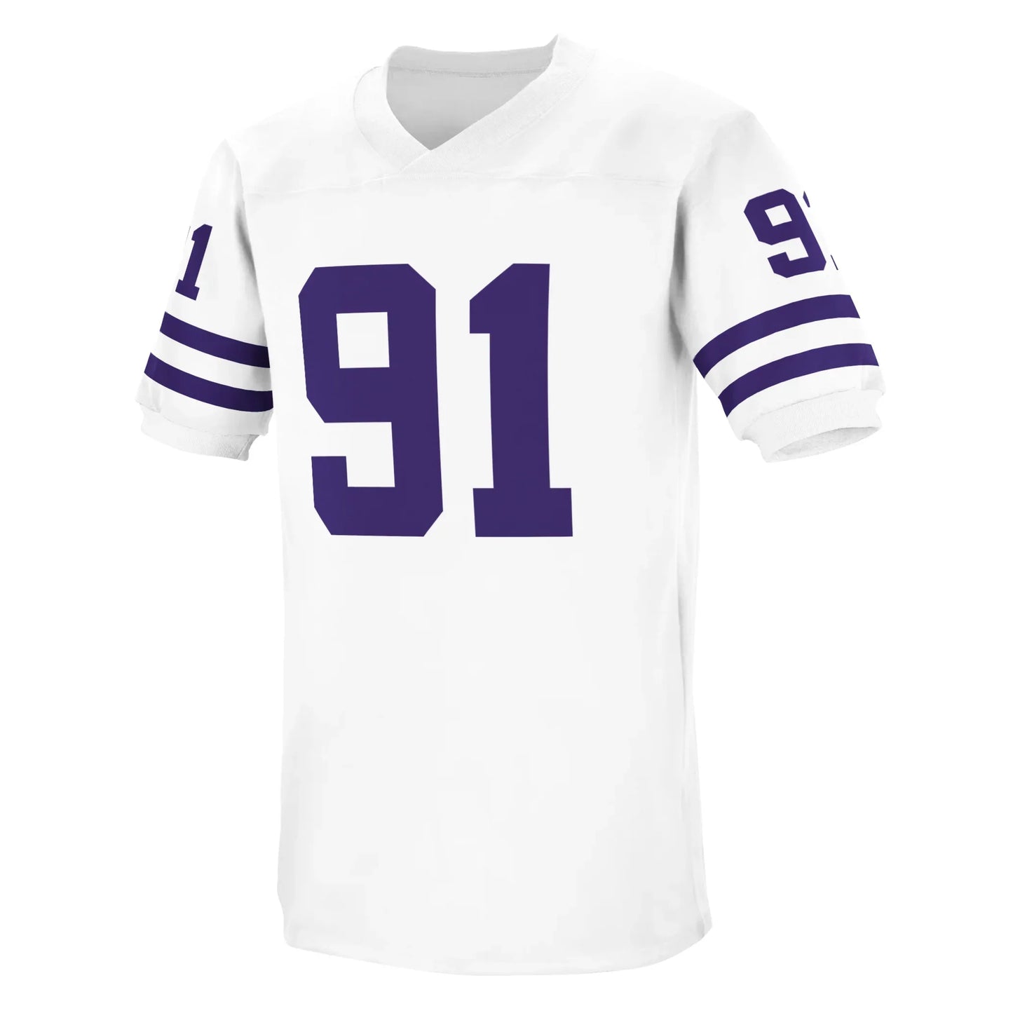 1991 Washington Huskies jersey. White, 2 blue bands on sleeves. #91 in blue large on chest, small on sleeves. Royal Retros