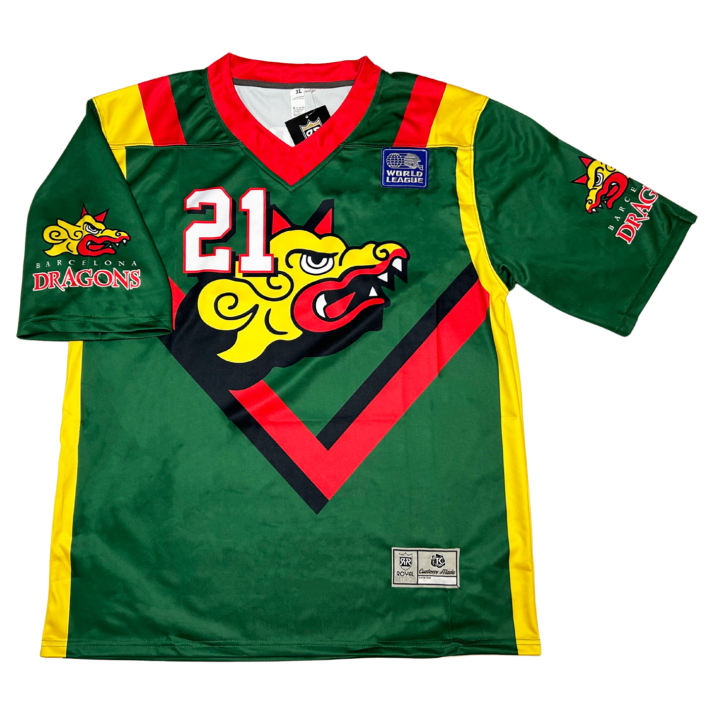 Barcelona Dragons Graphic Jersey green with gold black and red trim Royal Retros