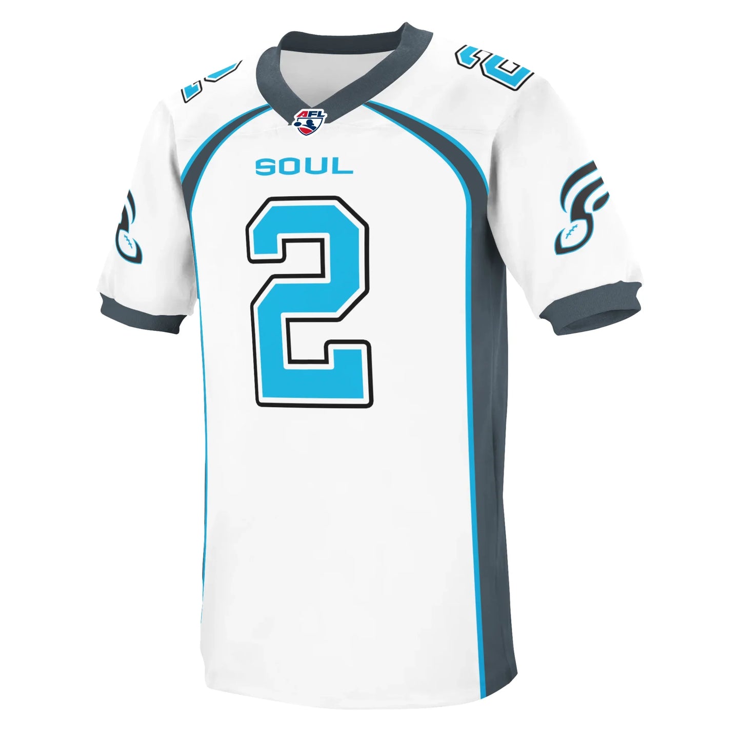 Philadelphia Soul Arena Football League Jersey Royal Retros White with dark blue stripe with light blue trim up side and onto shoulders. Dark blue trim on sleeves and neck. #2 in light blue large on chest ith blue trim. SOUL in light blue above number. #2 on shoulders. Royal Retros