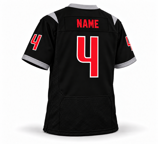 2023 Vegas Vipers black jersey back mockup, red NAME on a black nameplate, number 4, and gray sleeve-end stripes.