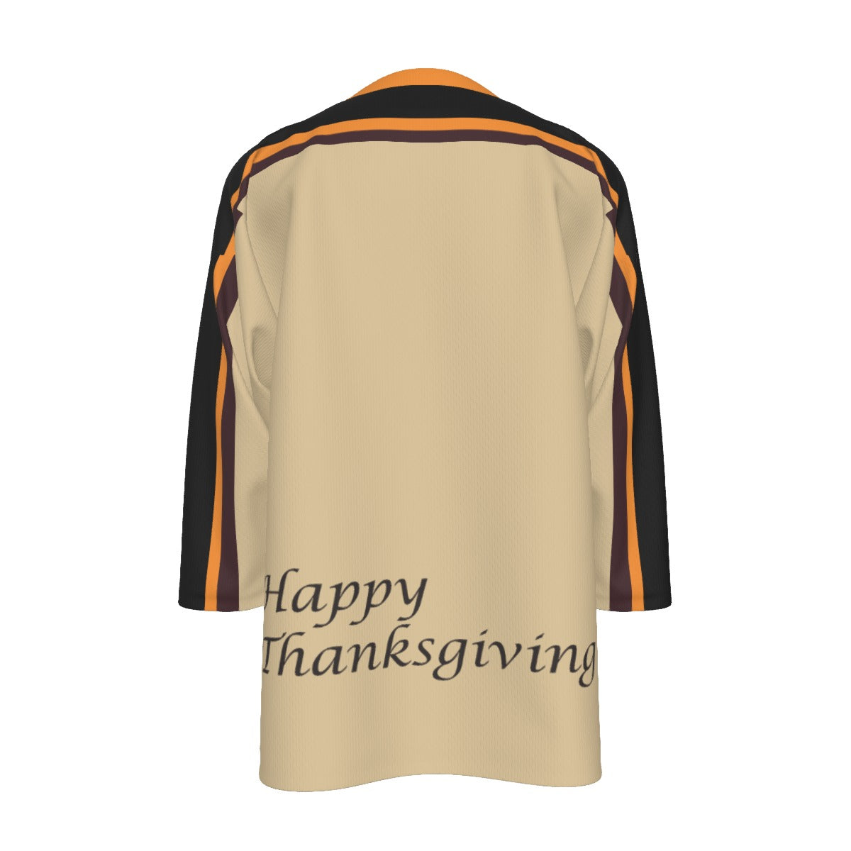 Port Huron Beacons Thanksgiving Replica Jersey. Tan with black sleeves and orange and brown stripes, back view. "Happy Thanksgiving" in script across the lower back.