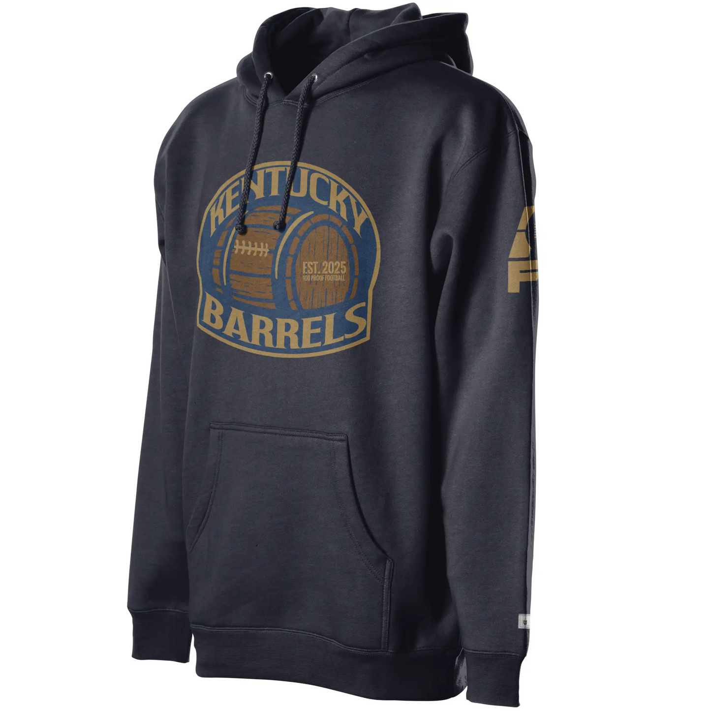 Kentucky Barrels Hoodie Navy. Logo on chest is a rounded square with Kentucky in gold arched over a barrel, with Barrels underneath. Shape is outlined in gold. Royal Retros