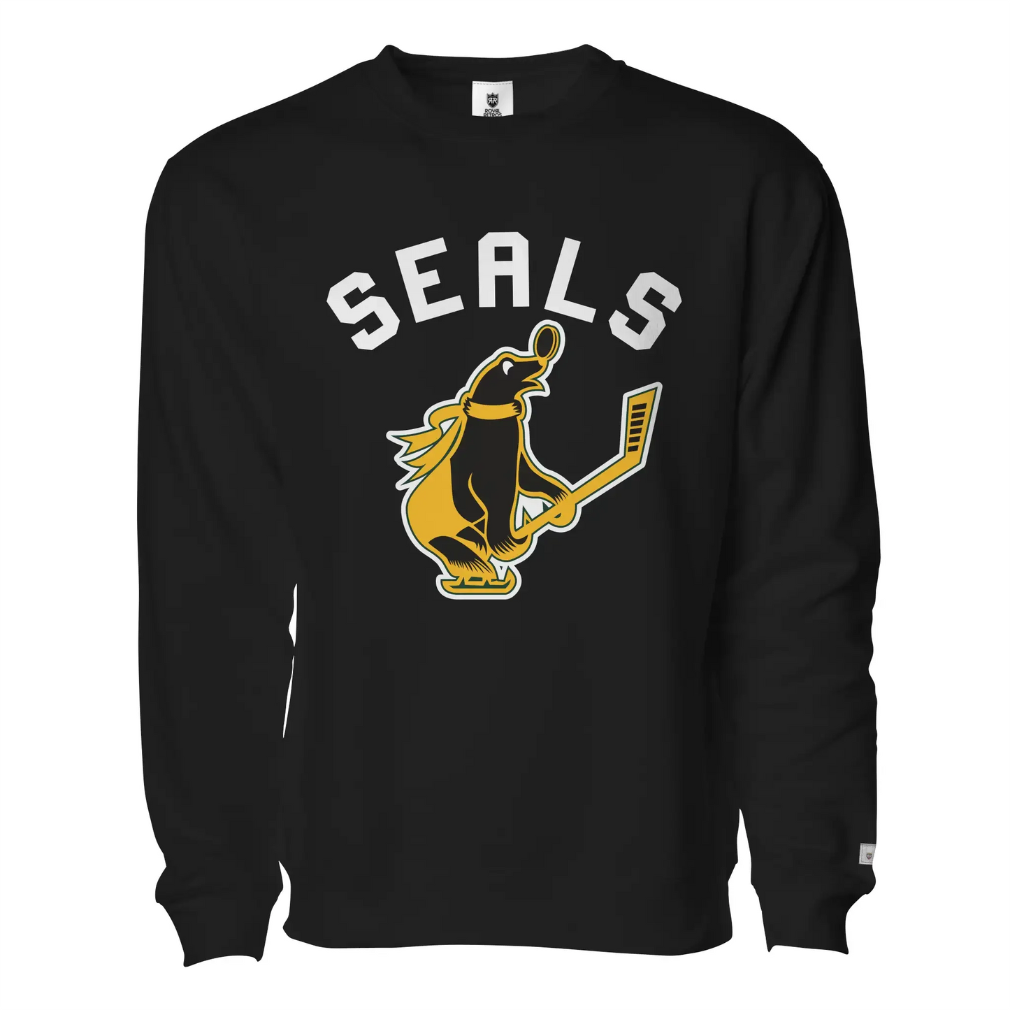 San Francisco Seals Hockey Crewneck Sweatshirt. Black. SEALS in white arched. Cartoon seal in black and gold wearing a gold scarf, facing right, holding a hockey stick. Royal Retros