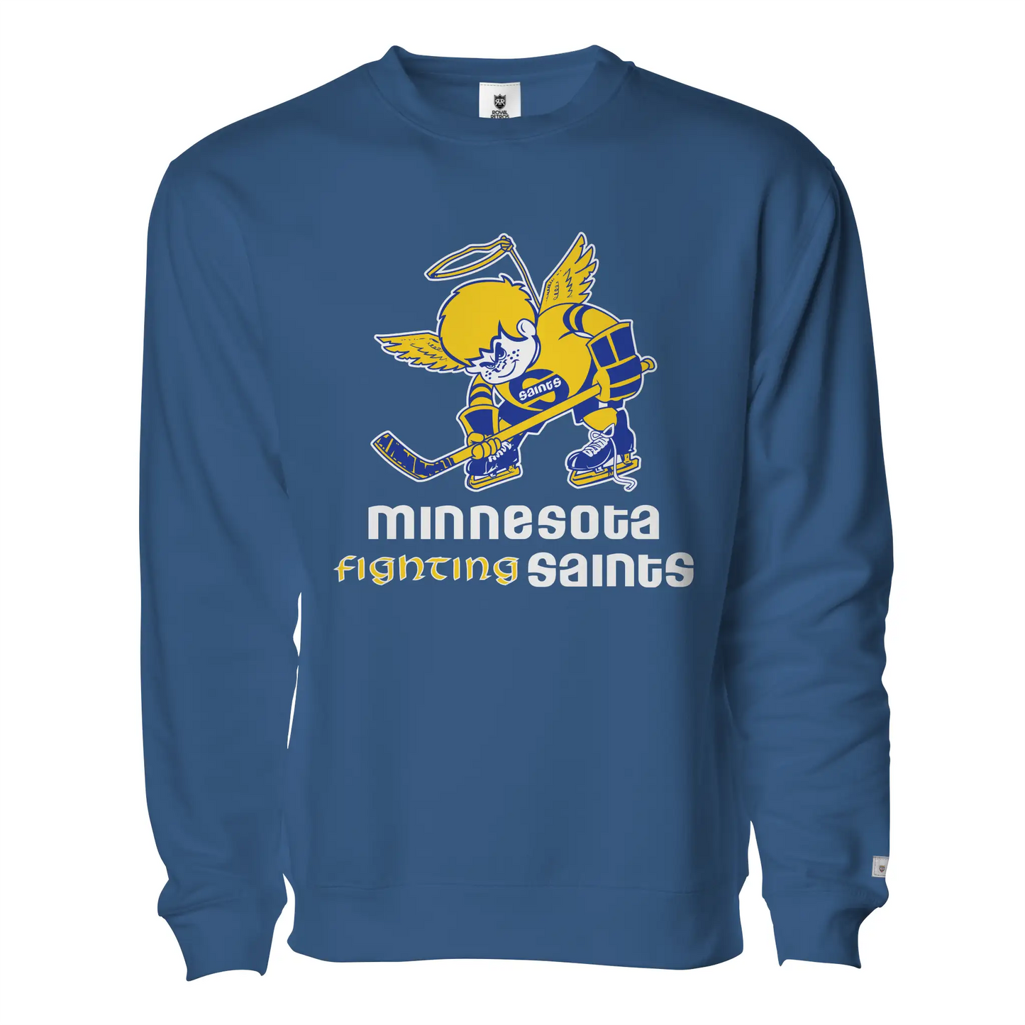 Minnesota Fighting Saints Crewneck Sweatshirt. Royal Blue. Saint Skater logo front. Minnesota in white above Fighting in gold next to Saints in white. Royal Retro
