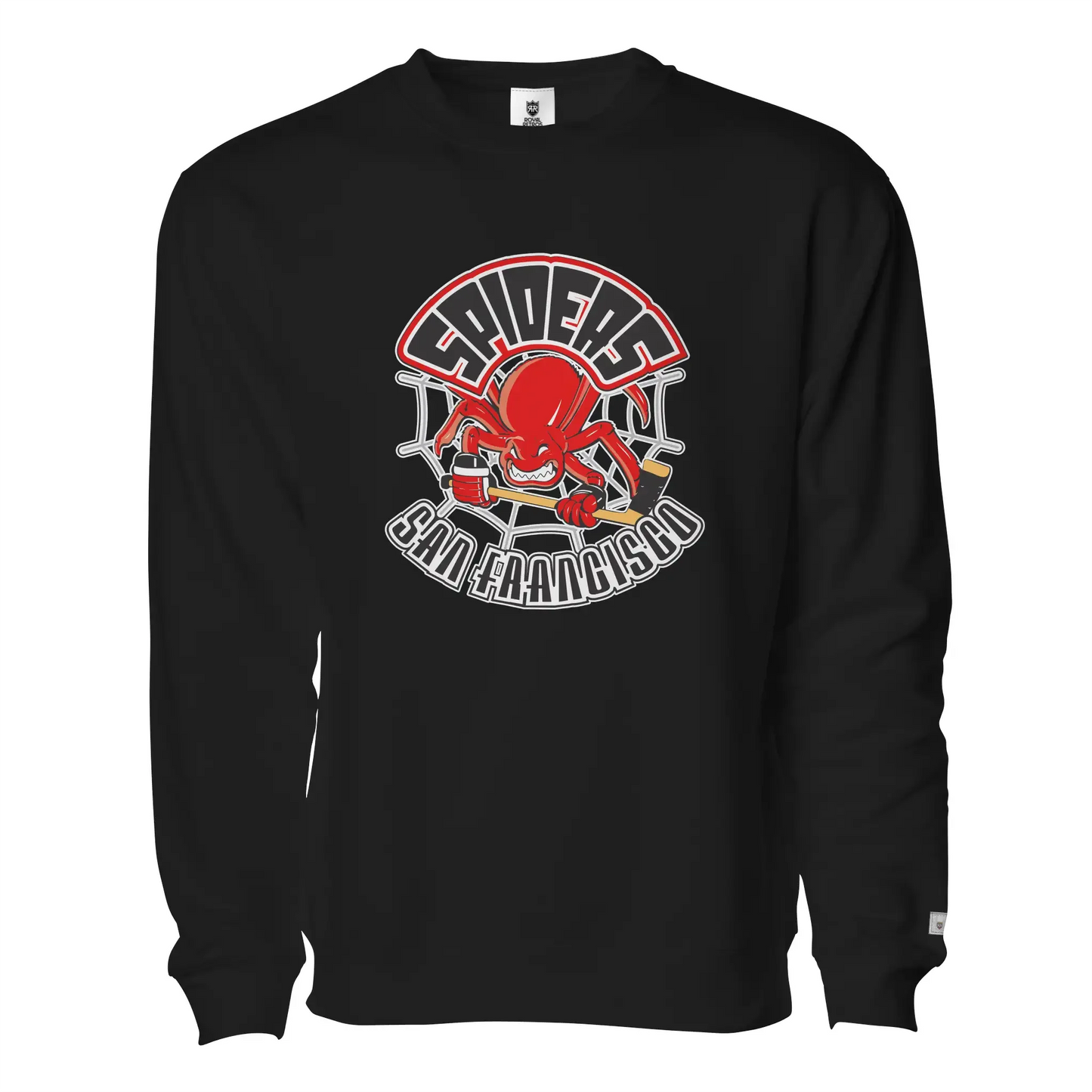 San Francisco Spiders Crewneck Sweatshirt. Black. Logo on chest featuring spiders above, spider with a hockey stick on the center and San Francisco underneath. Royal Retros