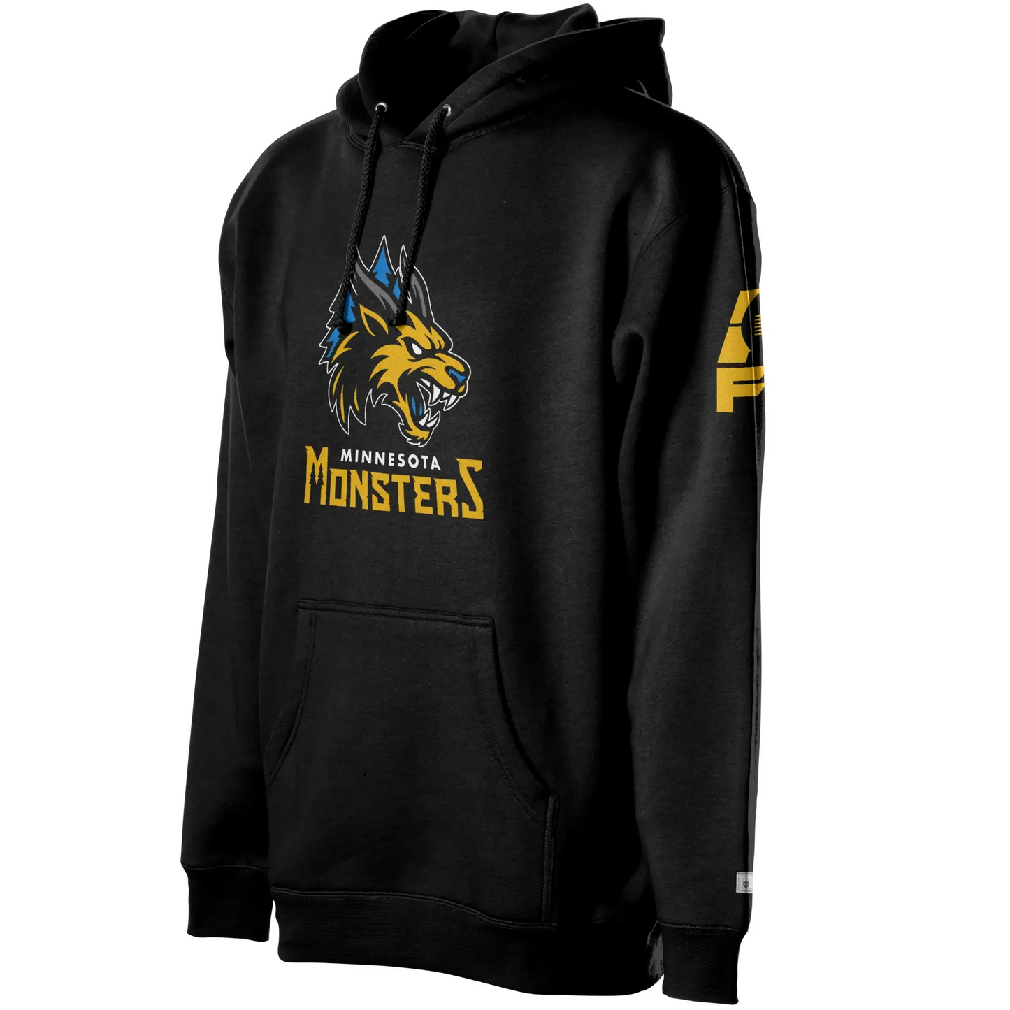 Minnesota Monsters Hoodie. Black. Minnesota Monsters AF1 arena football. Gold, black, and gray monster head over blue pine trees. Minnesota small in white below, Monsters below larger in gold. Royal Retros.