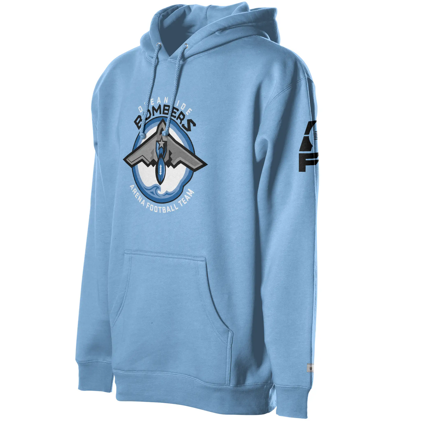 Oceanside Bombers football hoodie. Light blue. Oceanside in white arched above Bombers slightly larger in black over a circle outlined in black and two slightly larger rings, blue and light blue inside. White background. B-2 bomber from the top over the circle with wings slightly protruding. A football coming off the tail. An ocean wave appears in the bottom of the circle. Outside the circle arched below is Arena Football team arched up in white. Royal Retros
