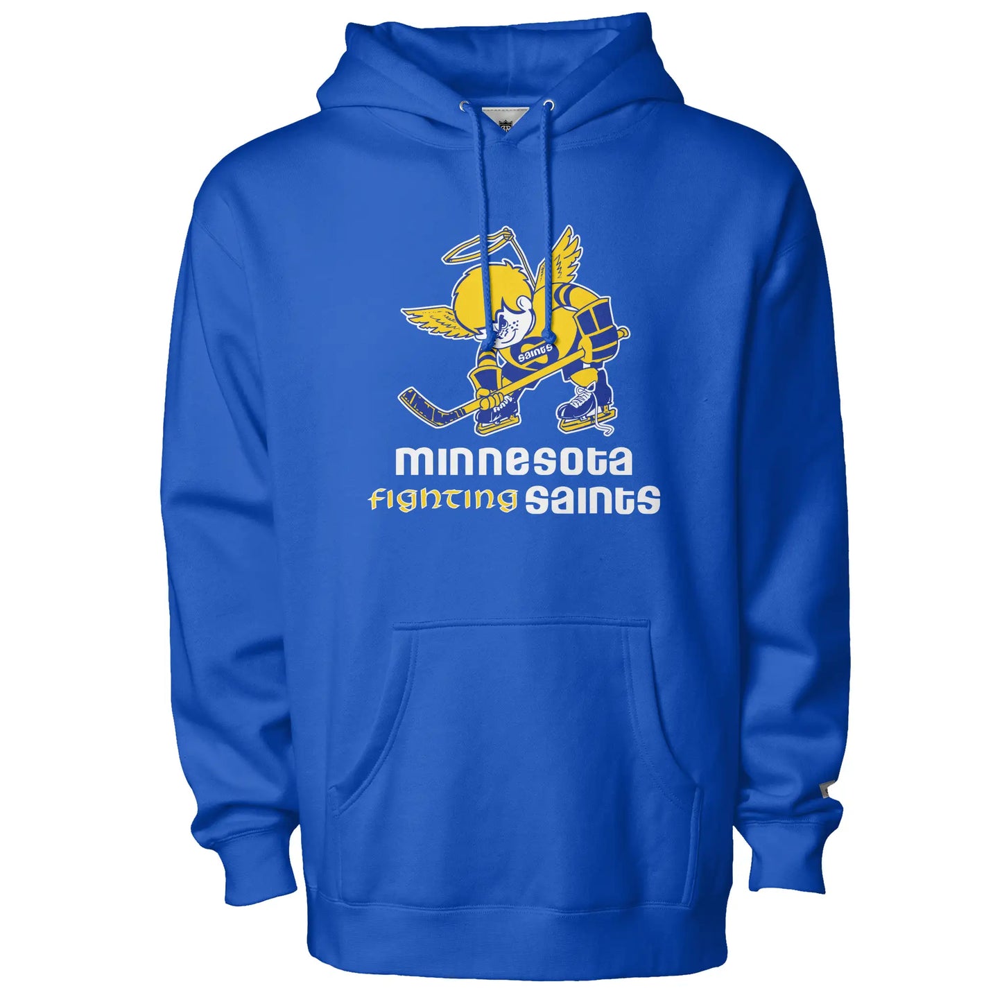 Minnesota Fighting Saints hoodie in royal blue, front view, with a gold winged saint holding a hockey stick above the minnesota fighting saints script in white