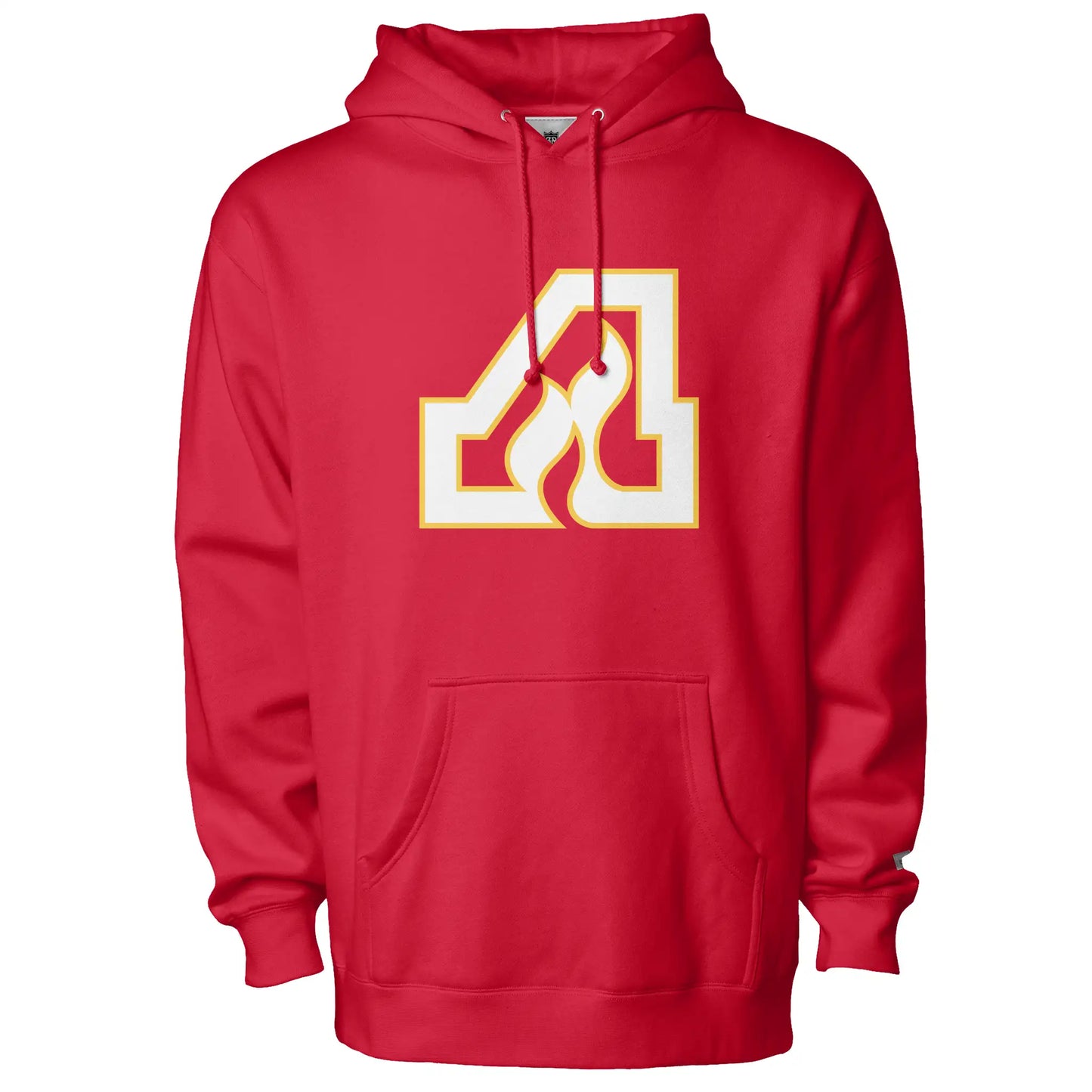 Atlanta Flames hoodie in red, front view, with the cream and gold flaming A logo at center chest