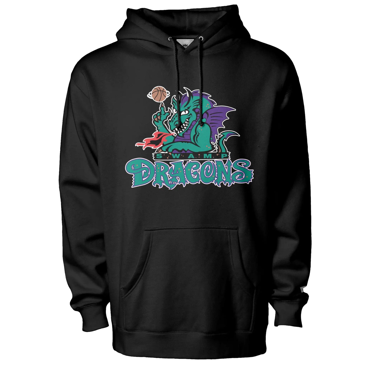 New Jersey Swamp Dragons hoodie in black, front view, with a teal and purple dragon spinning a basketball above the DRAGONS wordmark