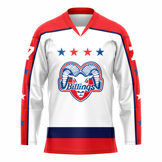 Billings Bighorn ice hockey jersey. White. Red shoulders and collar. Sleeves are half white half red. Alternating blue and white stars on red part. Blue, red, red, blue stars across top of chest. White ram with blew trim facing viewer. Billings over snout. Blue band at waist, red band below that. Royal Retros