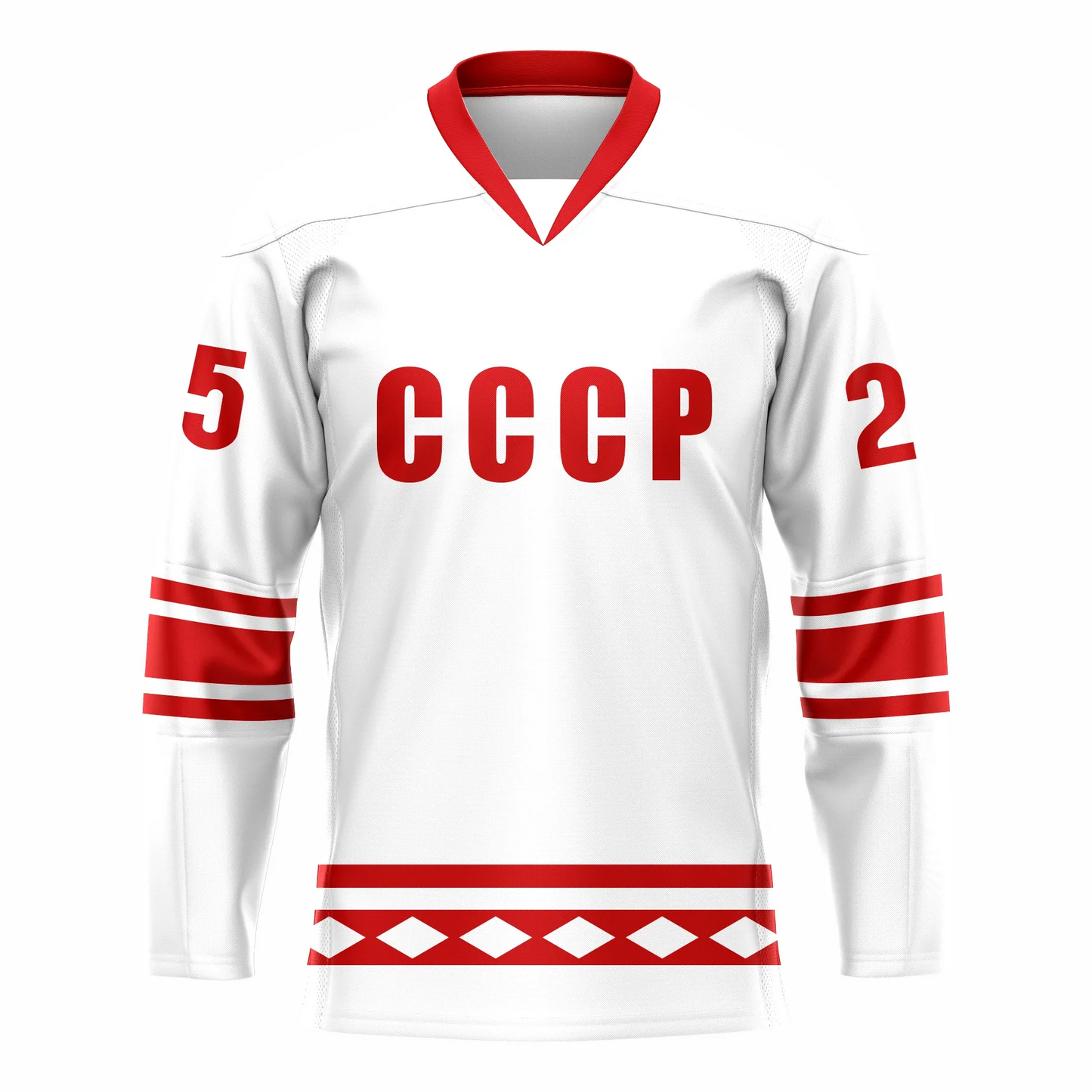 CCCP Soviet Hockey Jersey. White. Red collar. Thin red, thin white, thick red, thin white, thin red bands mid-sleeve. Red band, white band, thick red band with white diamonds above waist. CCCP in white across chest. Royal Retros