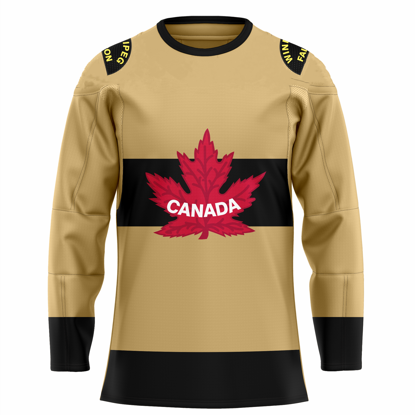 Winnipeg Falcons Canada Team hockey jersey. Tan. Black collar. Winnipeg in gold arched in half black circle on each shoulder, with Falcons in gold at bottom. Maple leaf large on chest over smaller black band. CANADA in red in leaf. Black sleeve ends and waist. Royal Retros