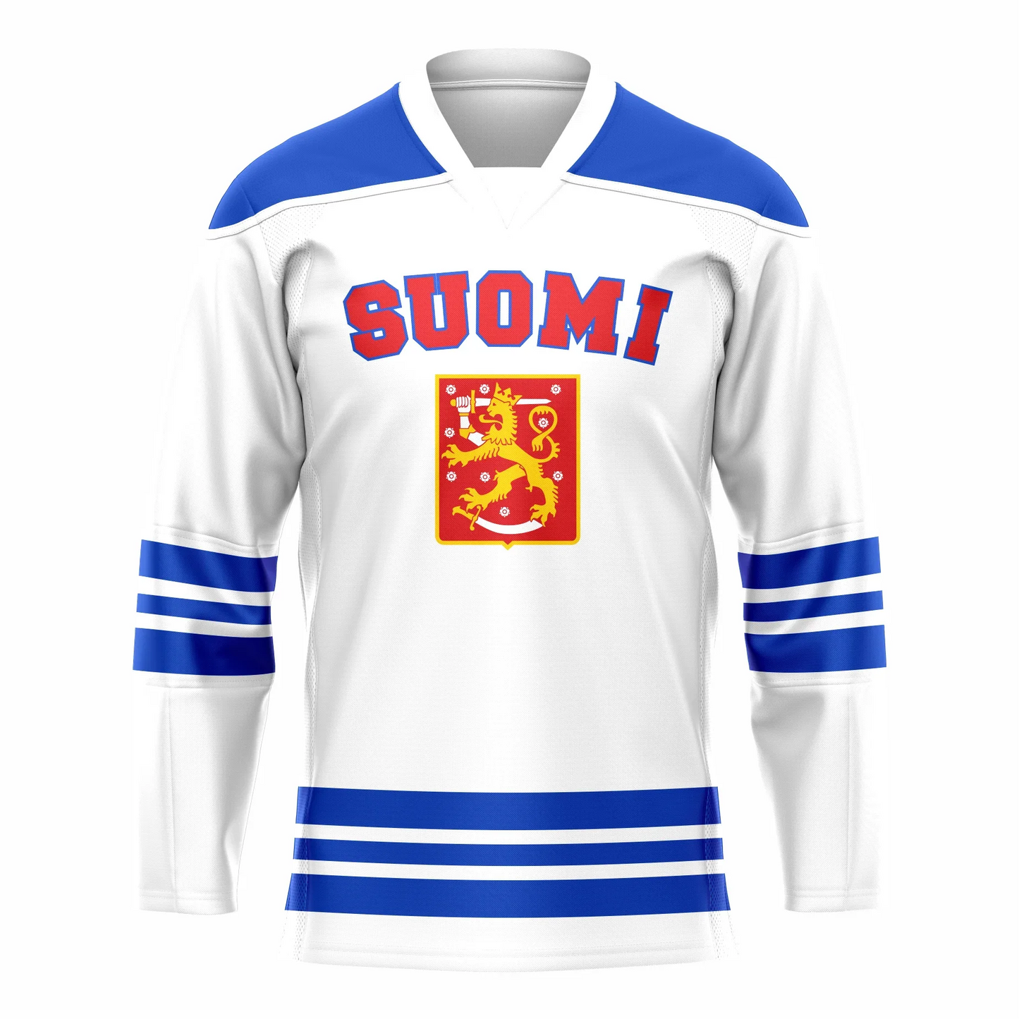 Finland Hockey Jersey. White. Blue shoulders with white collar. Blue, white, blue, white, blue bands mid-sleeve and around waist. SUOMI large in red with blue trim across upper chest. Square red shield below with stylized gold lion holding a white sword above its head. White stars scattered in shield. Royal Retros