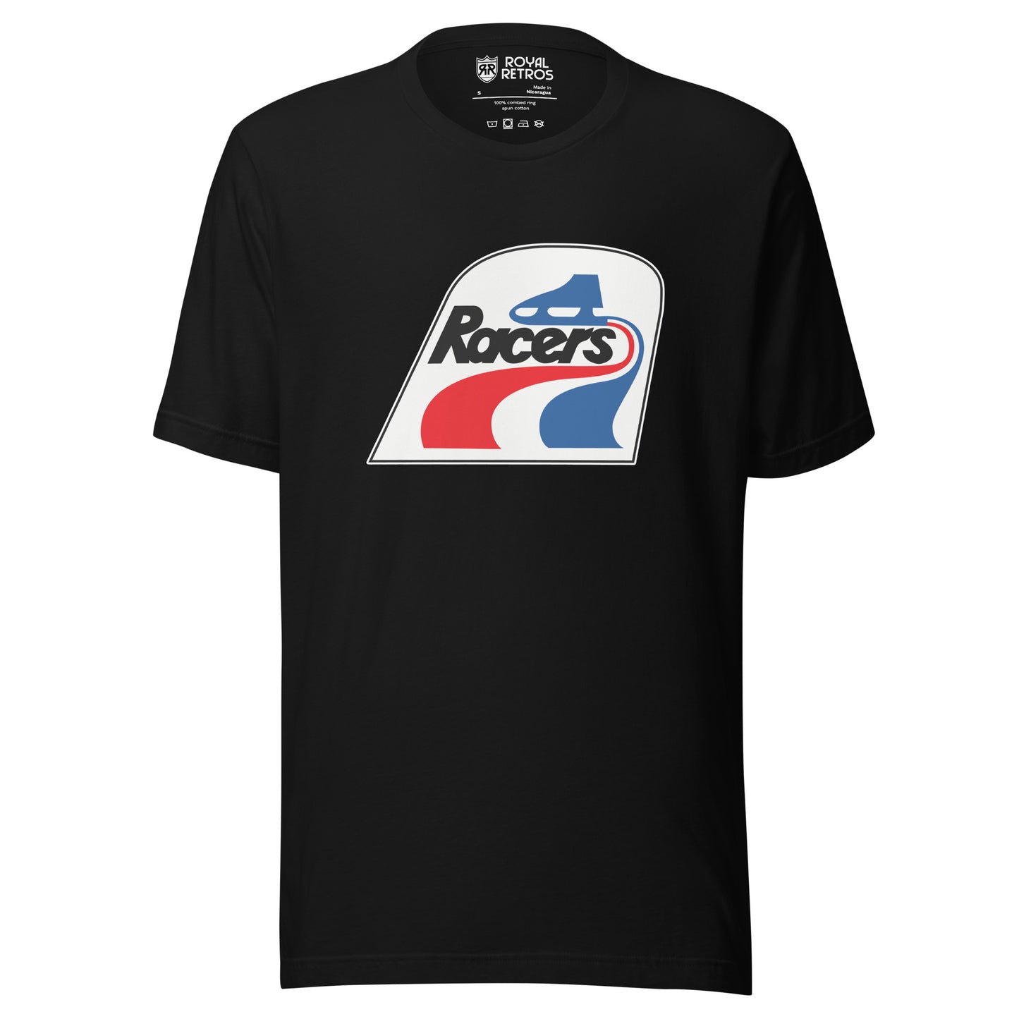 Indianapolis Racers WHA T-shirt. Black. Logo is white square with curved top. Blue skate making red and blue waves. Racers in black below skate and above waves. Royal Retros