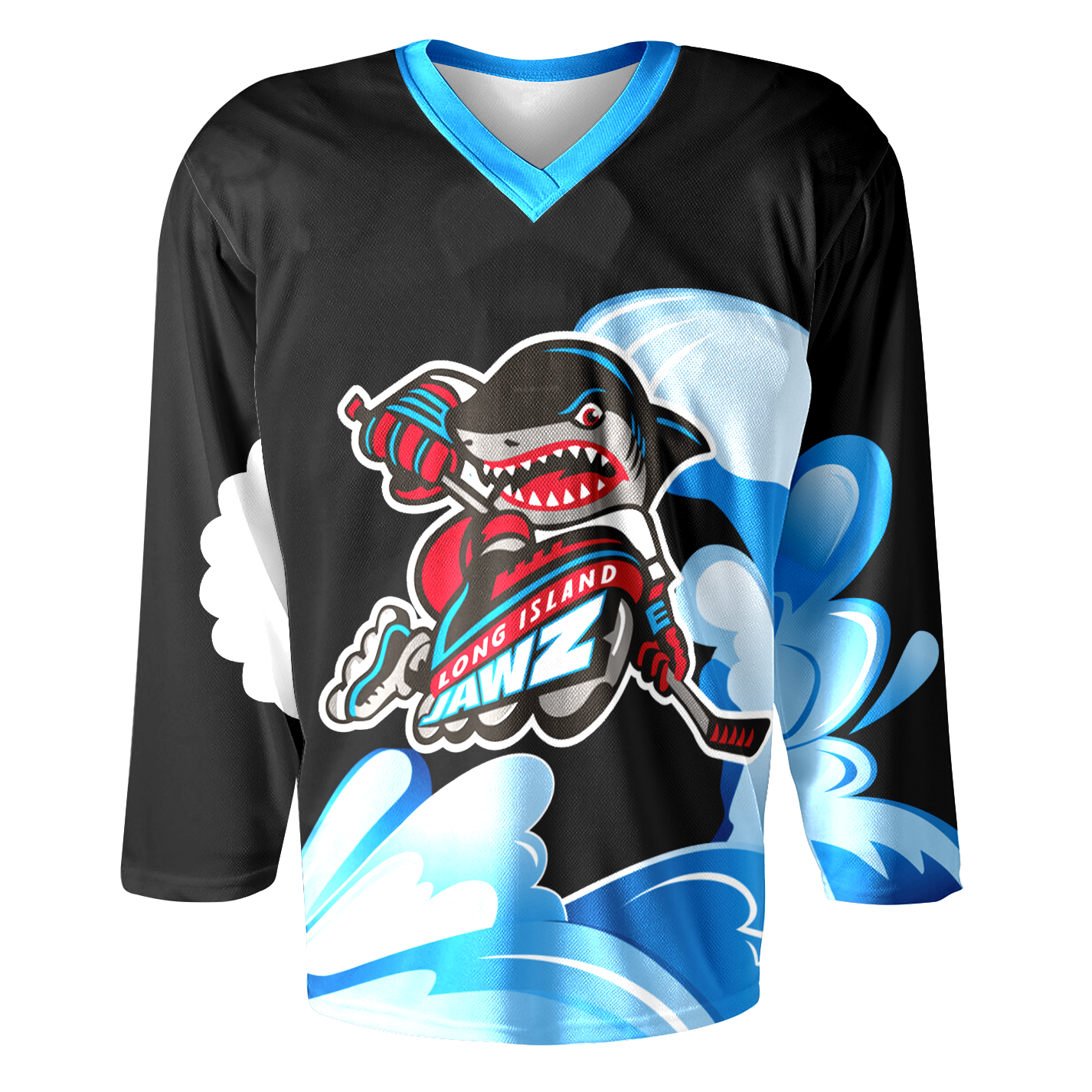 Long Island Jaws RHI Jersey - Jerseys. Black. Blue collar. Shark skating with teeth showing. Long Island in white on red banner. JAWZ larger below white with aqua trim and black shadow. Royal Retros