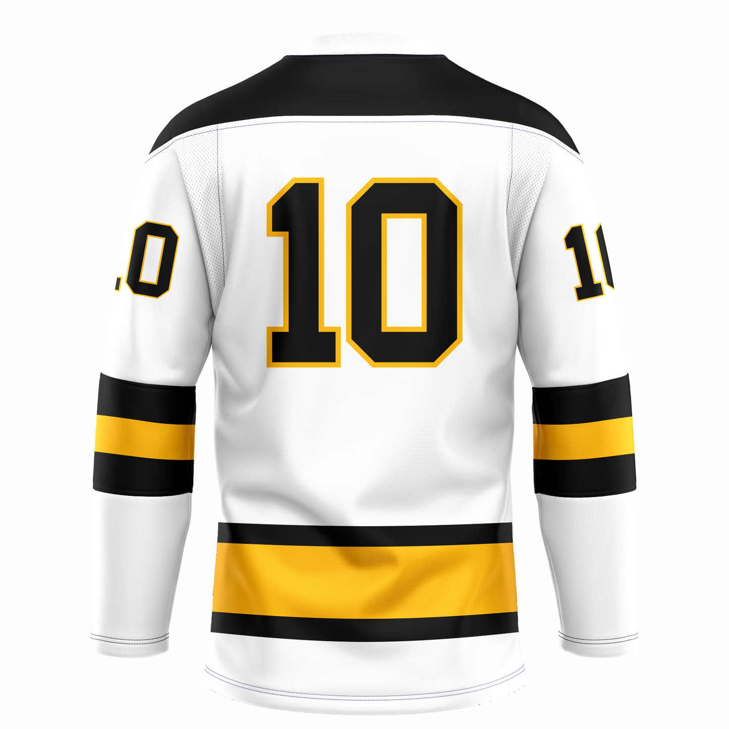 Los Angeles Blades WHL jersey, back. White. Black shoulders. Black, gold, black bands, mid-sleeve and above waist. #10 black with gold trim on back and sleeves. Royal Retros