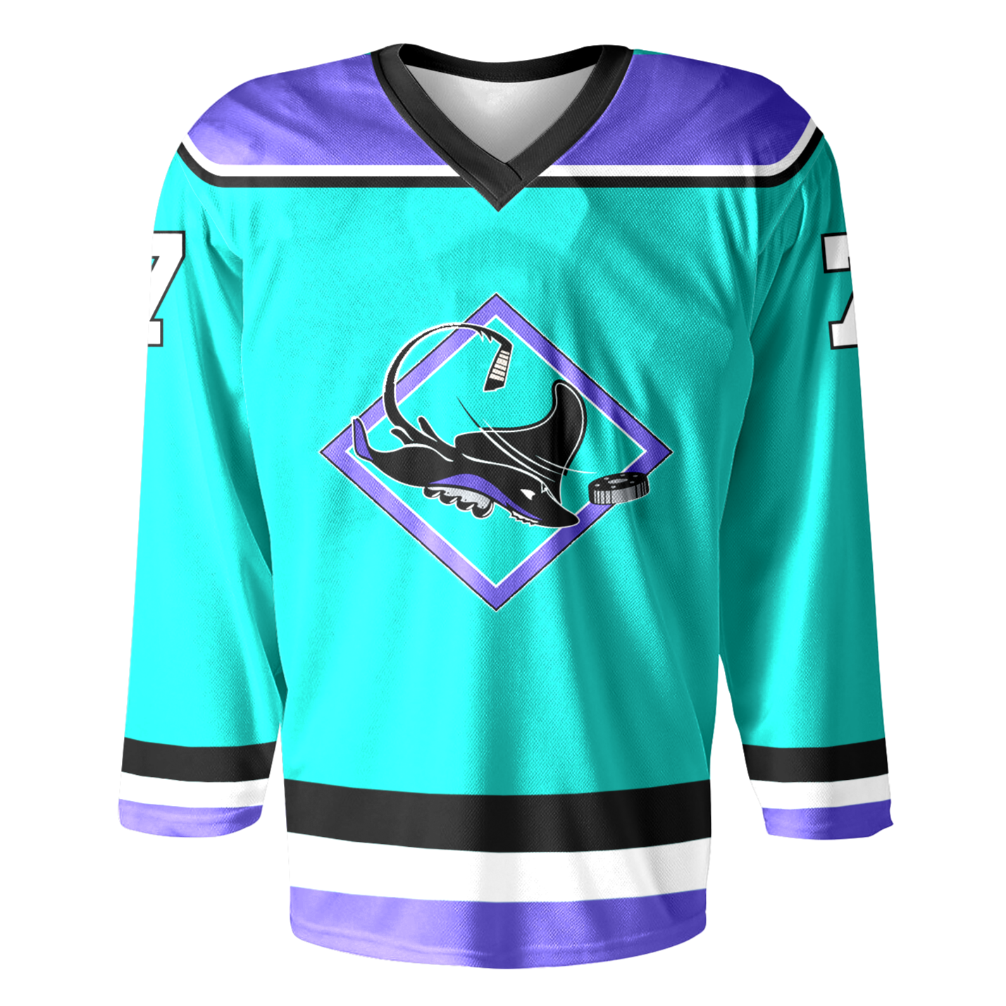 Oakland Skates RHI Jersey - Jerseys. Aqua. Blue shoulders with black and white trim. Black white and blue trim at sleeve ends and waist. Logo on chest: Aqua diamond with purple trim. Manta Ray swimming tom the right over diamond. Royal Retros
