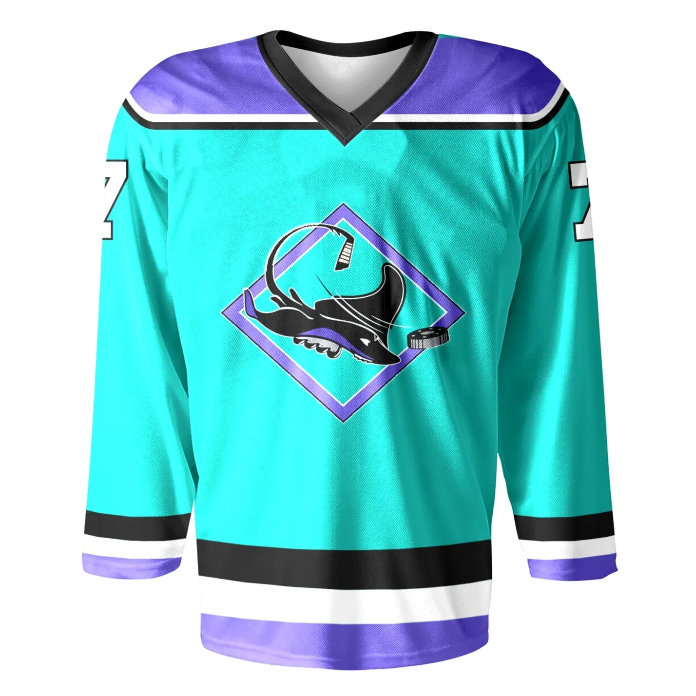 Oakland Skates RHI Jersey - Jerseys. Aqua. Blue shoulders with black and white trim. Black white and blue trim at sleeve ends and waist. Logo on chest: Aqua diamond with purple trim. Manta Ray swimming tom the right over diamond. Royal Retros