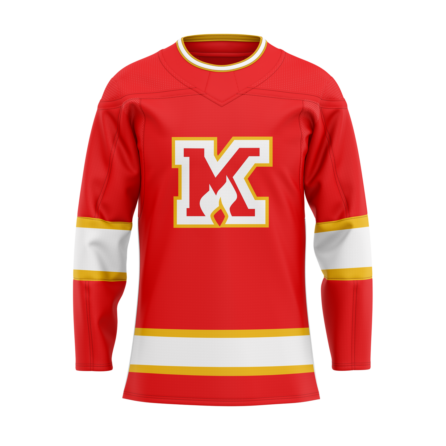 Omaha Knights hockey jersey red. Red White collar. Red K with white and gold trim. Flames at bottom of K. Thin gold, thick white, thin gold, bands mid-sleeve and above waist. Royal Retros