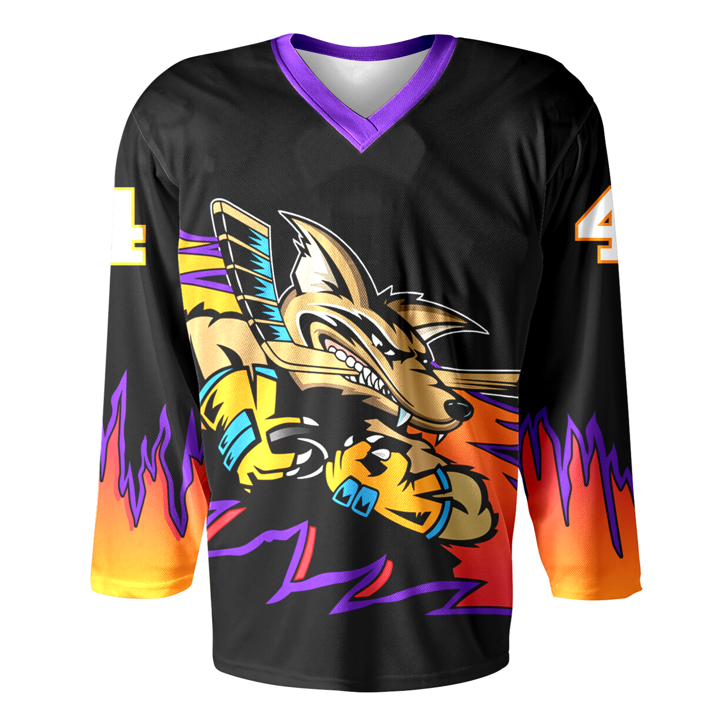 Orlando Jackals RHI Jersey - Jerseys. Black. Flames with purple trim across lower sleeves and waist. Purple collar. Logo on chest: Jackal holding hockey stick, with flames to the left. Royal Retros