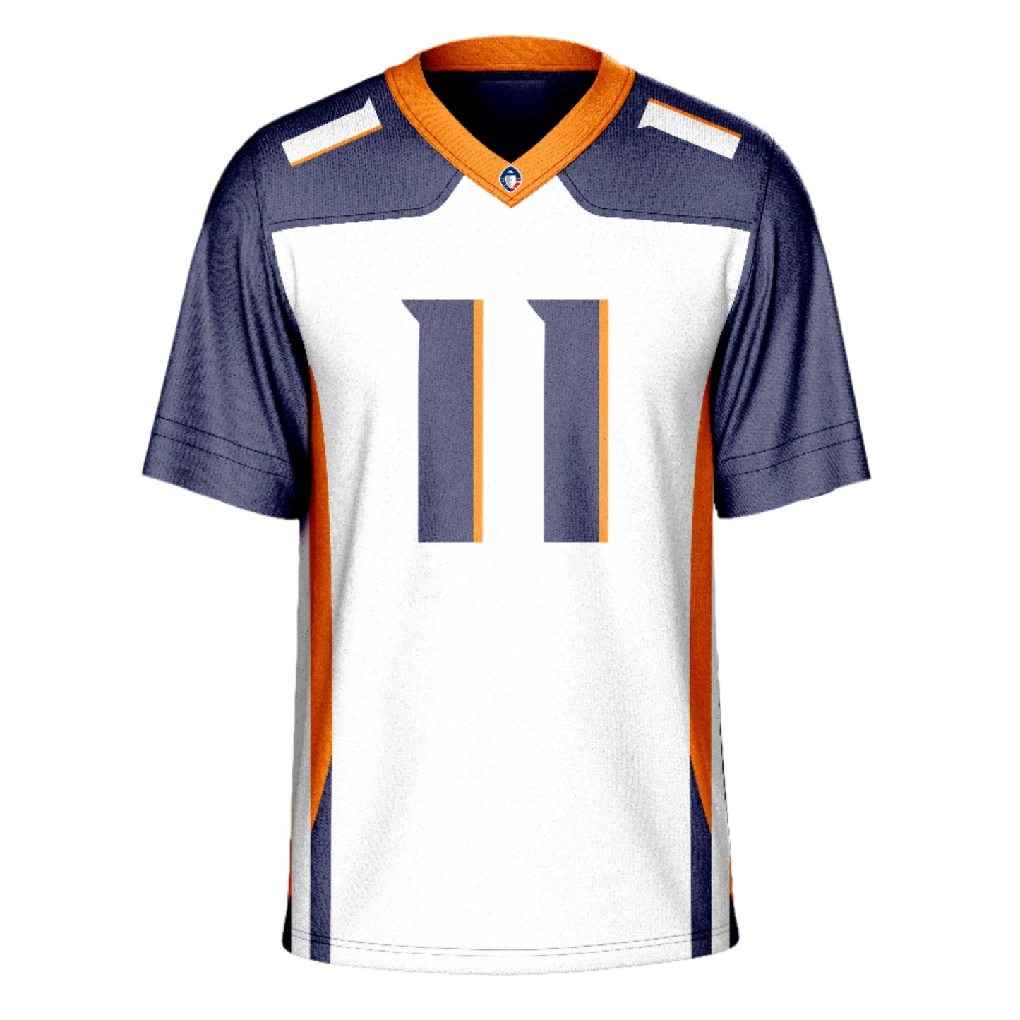 Orlando Apollos Jersey - Jerseys - AAF - white. #11 on chest with orange trim. Orange and blue trim on sides. Blue sleeves and shoulders. Orange collar with #11 in white on shoulders. Royal Retros